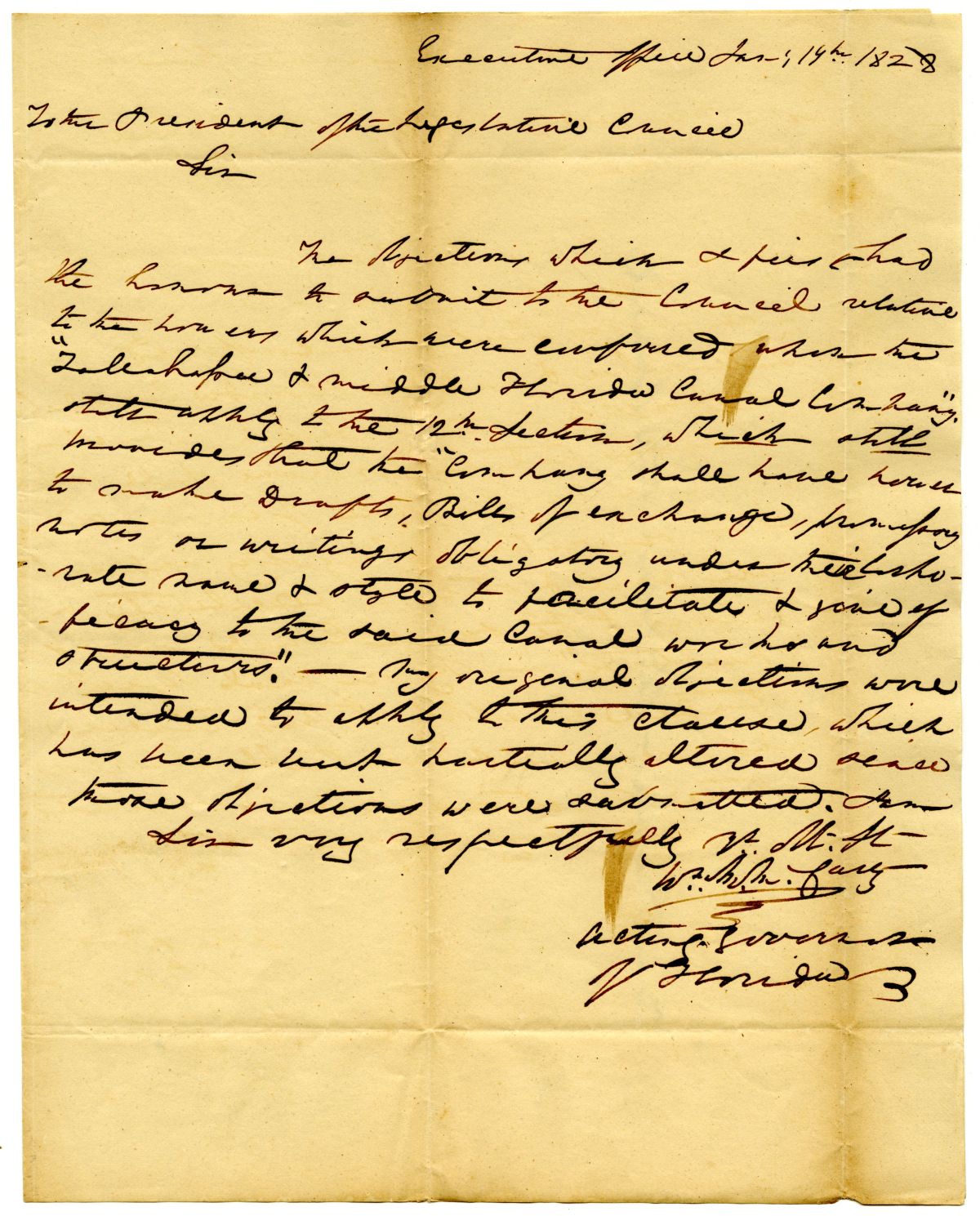 Letter from Acting Governor William McCarty to the President of the Territorial Legislative Council Commenting on an Act for a Canal Company, 1828