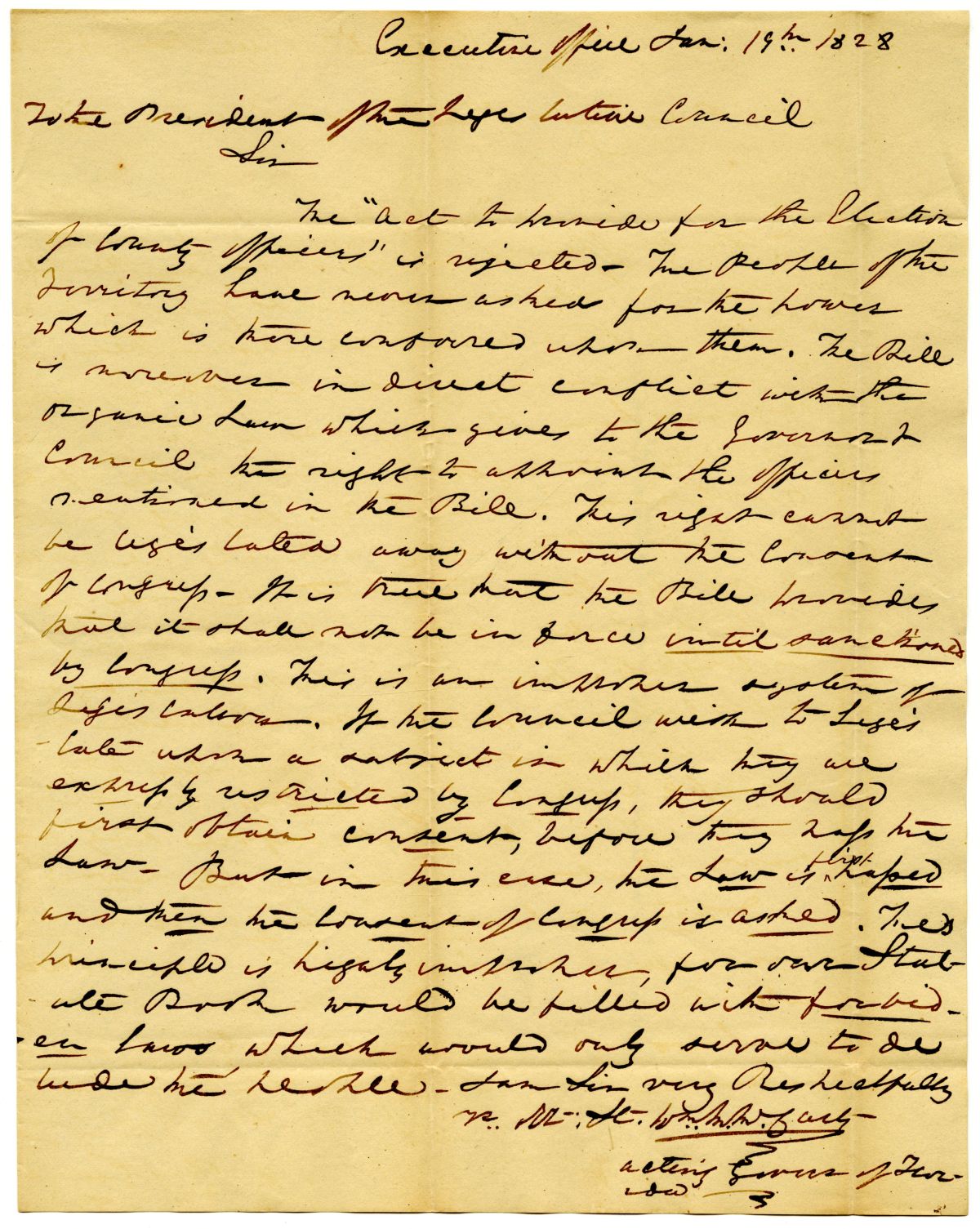 Letter from Acting Governor William McCarty to the President of the Territorial Legislative Council Rejecting an Act Concerning County Officers, 1828