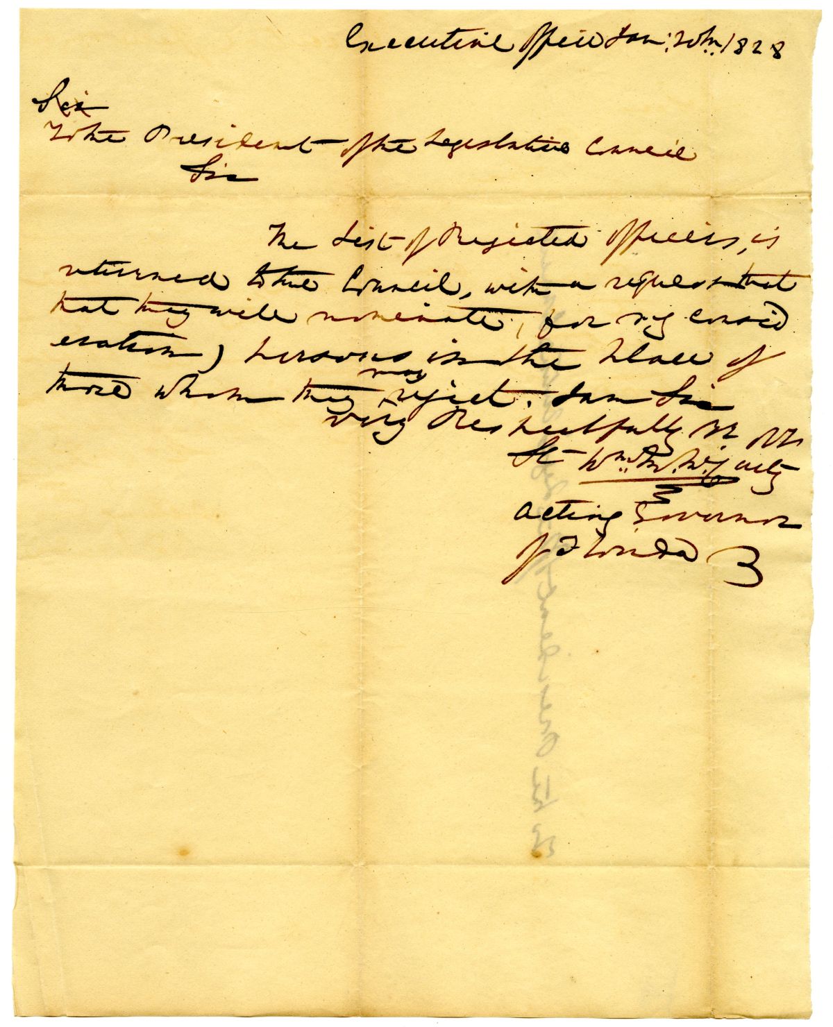 Letter from Acting Governor William McCarty to the President of the Territorial Legislative Council Regarding County Officers, 1828