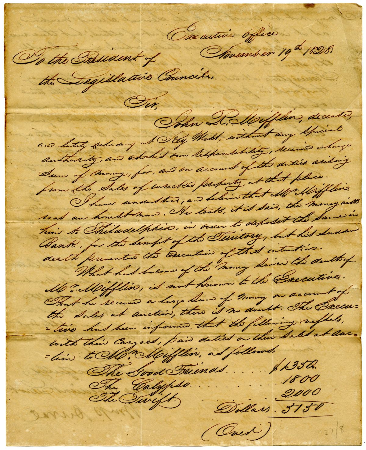 Letter from Governor William Pope Duval to the President of the Territorial Legislative Council Concerning Wreck Money, 1828