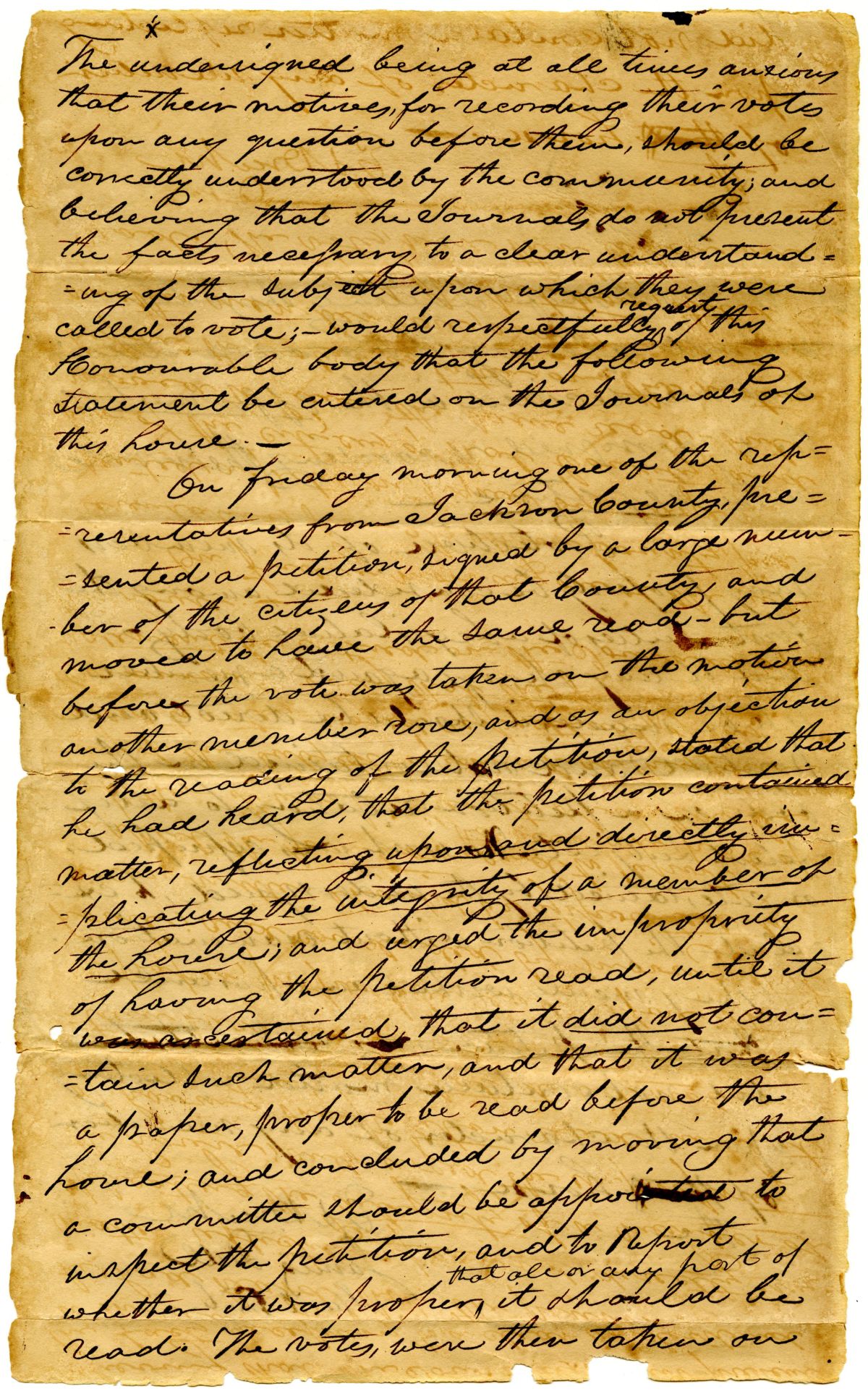 Request to Enter a Statement into the Journal of the Territorial Legislative Council on Handling Information About Members' Integrity, circa 1828