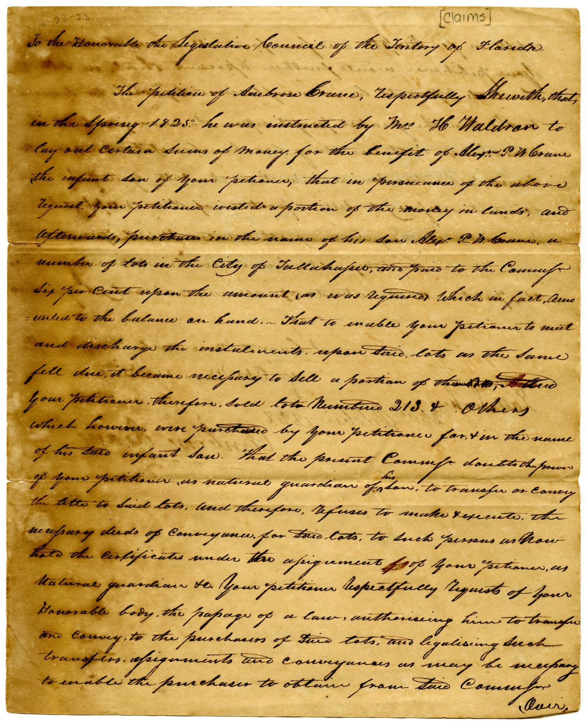 Petition of Ambrose Crane Requesting that the Council Pass a Law Allowing Him to Transfer Land on Behalf of His Son, 1828