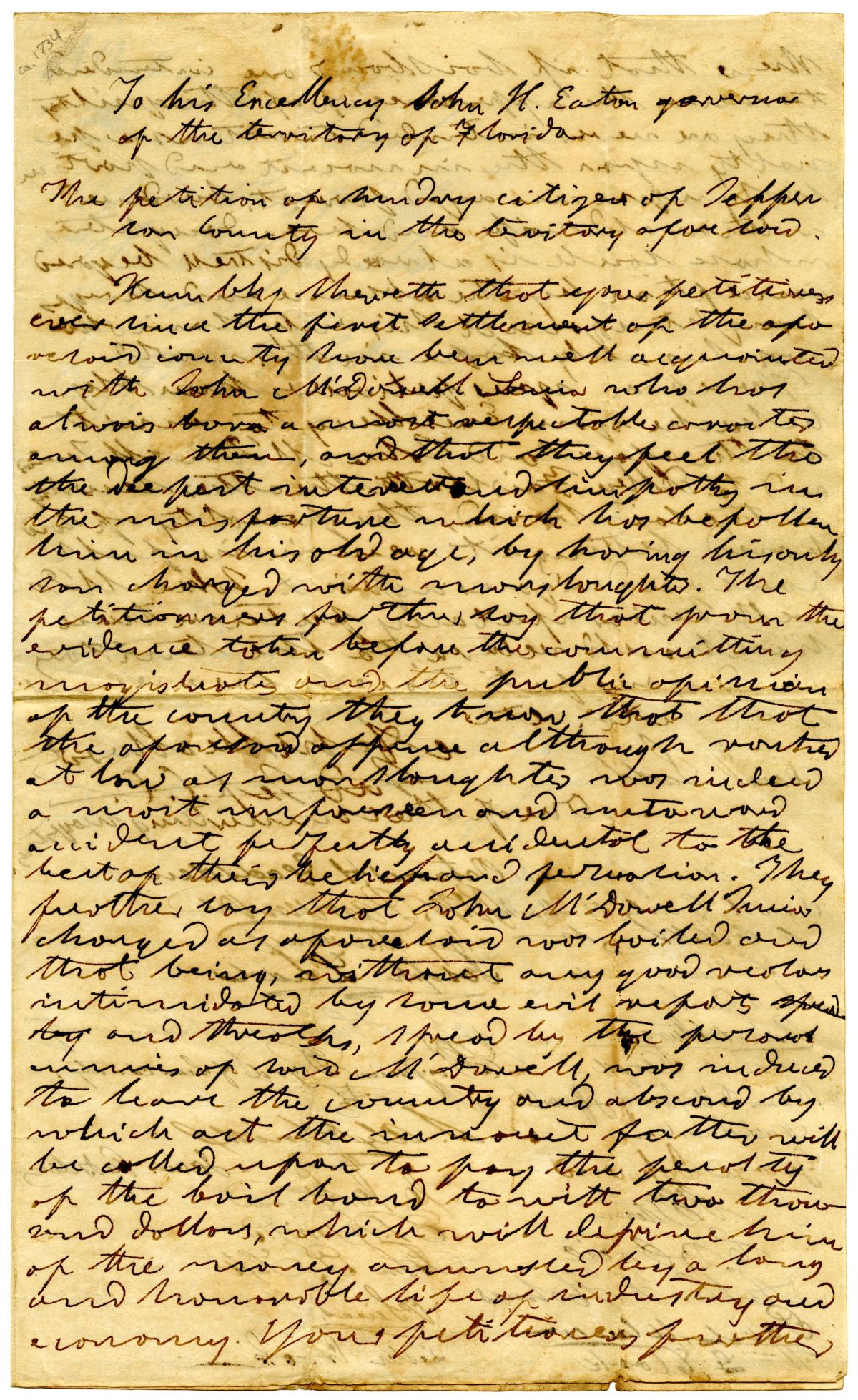 Petition to Governor John H. Eaton from Citizens of Jefferson County Asking Him to Relieve John McDowell, Sr. of Paying his Son's Bail, 1834