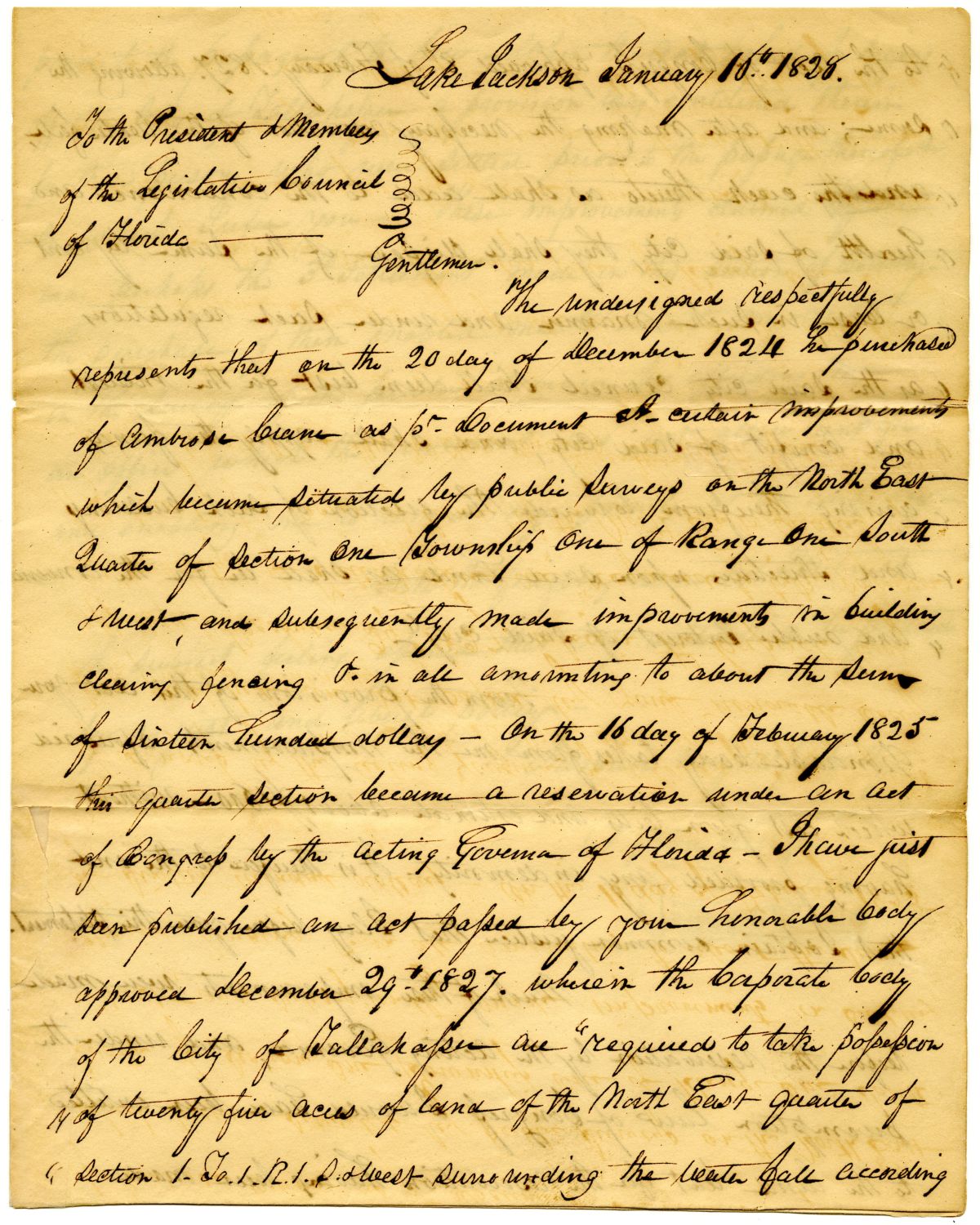 Petition of Robert Butler to the Territorial Legislative Council Requesting Indemnity for Land to Be Annexed by Tallahassee, 1828