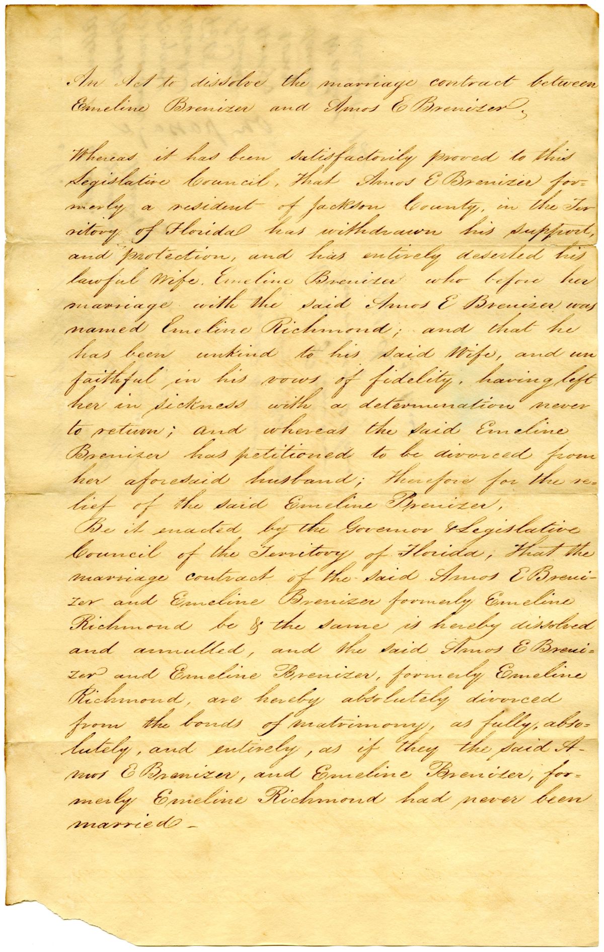 Draft of an Act to Dissolve the Marriage Between Emeline and Amos Brenizer, 1831