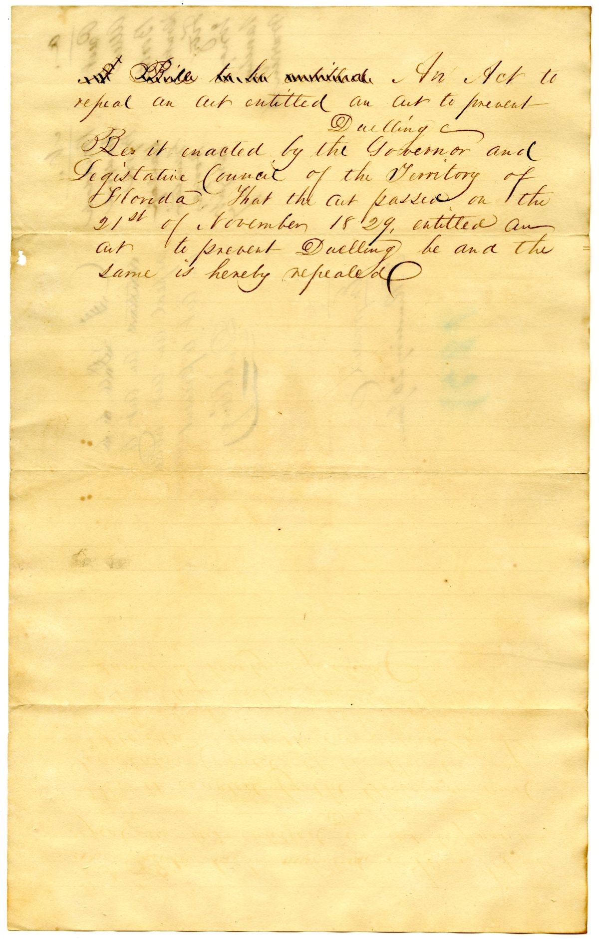 Draft of an Act Repealing an Act that Made Dueling Illegal, 1832