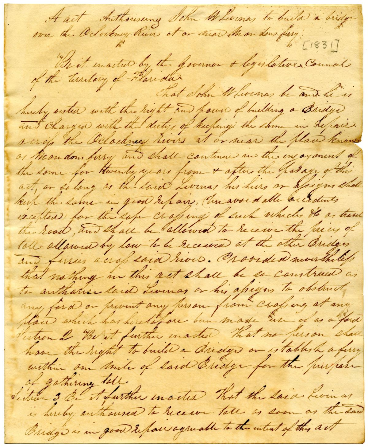 Draft of an Act to Allow John W. Levinus to Build a Bridge on the Ochlockonee River, 1831