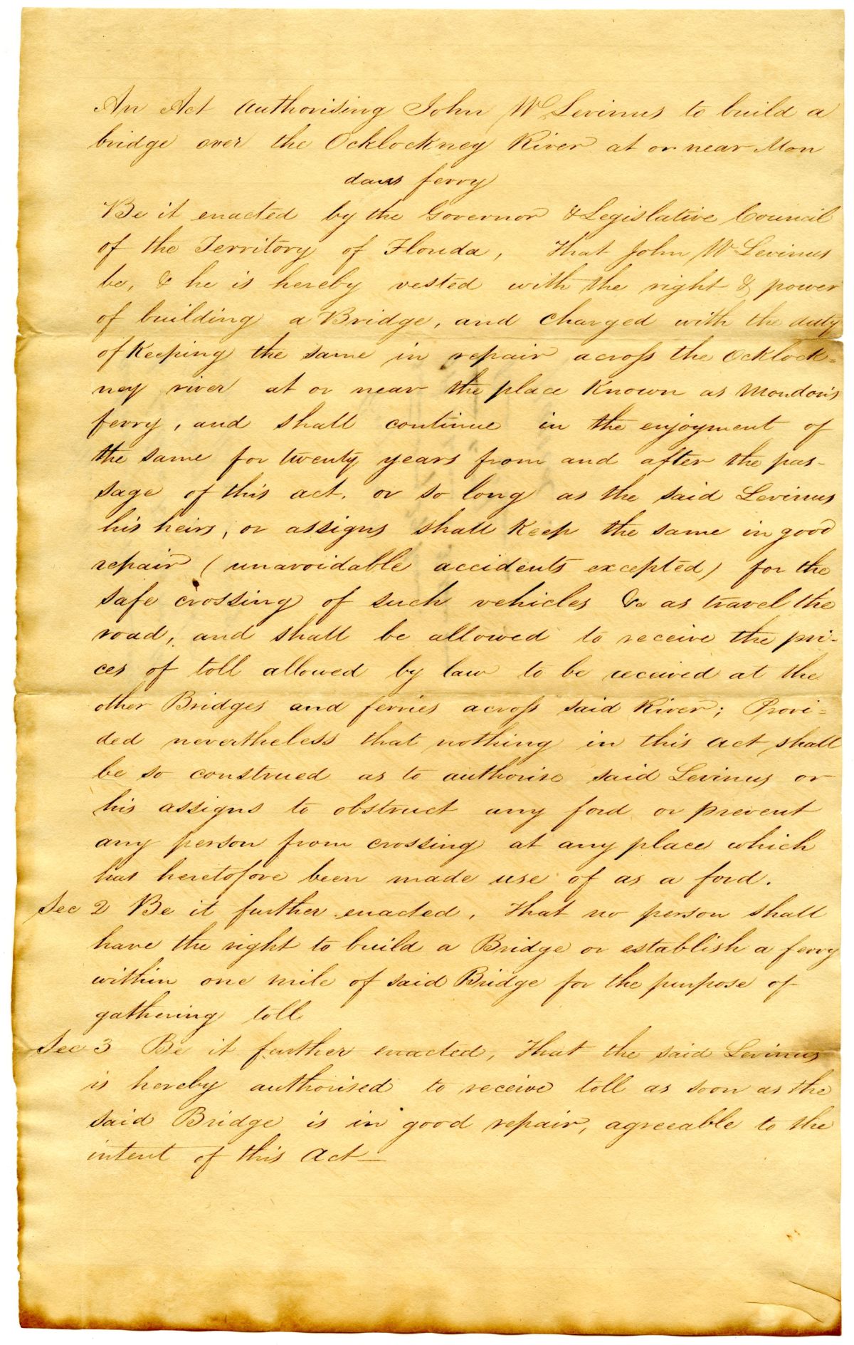 Draft of an Act to Allow John W. Levinus to Build a Bridge on the Ochlockonee River, 1831