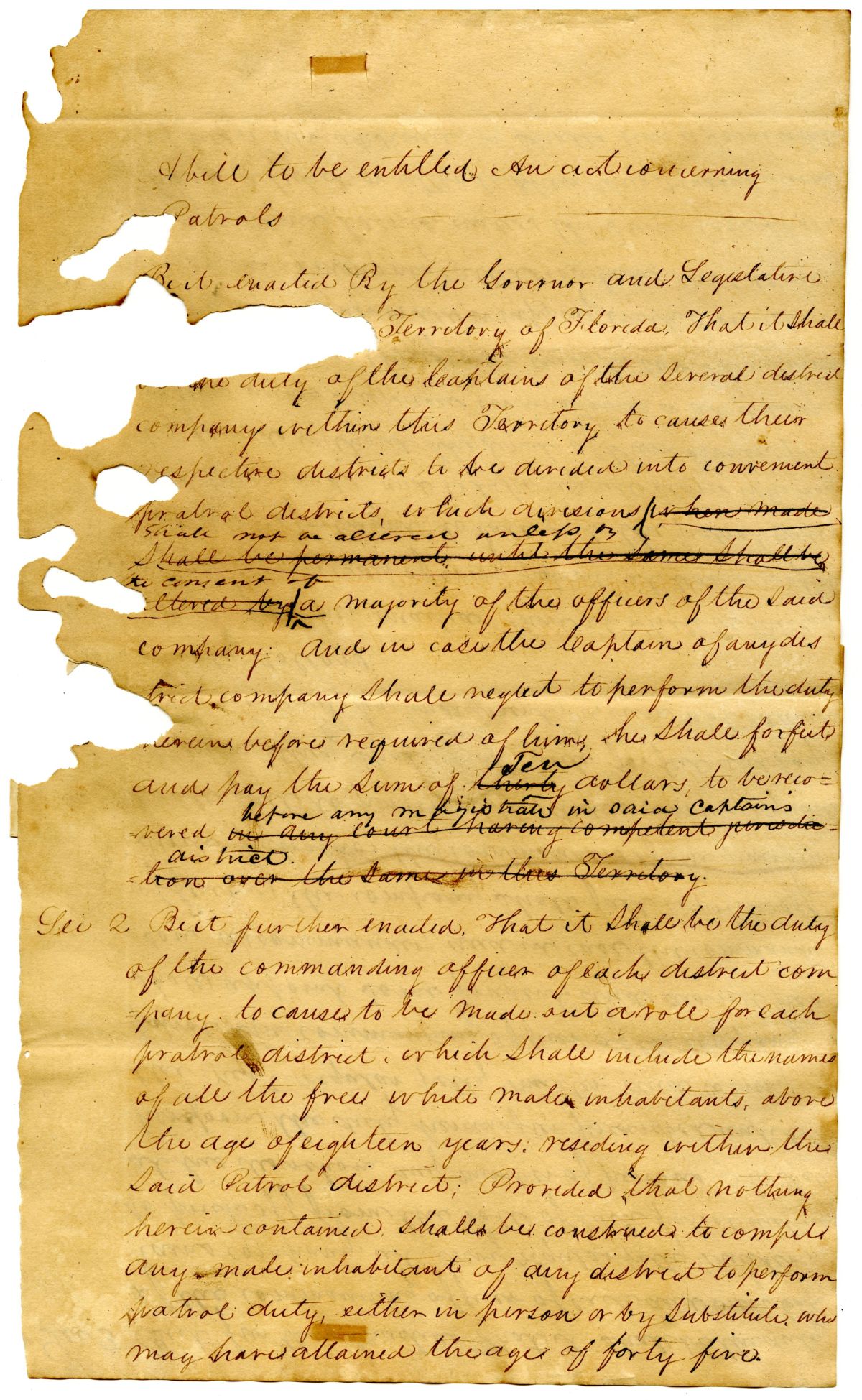 Draft of an Act Concerning Slave Patrols in the Territory of Florida, 1831