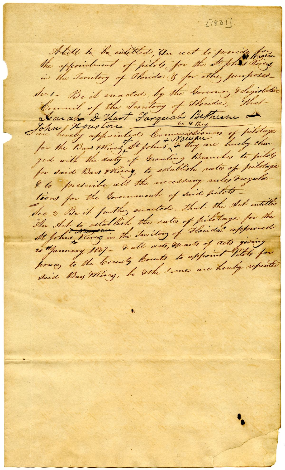 Draft of an Act to Provide for the Appointment of Pilots for the Saint Johns and Nassau Rivers, 1831