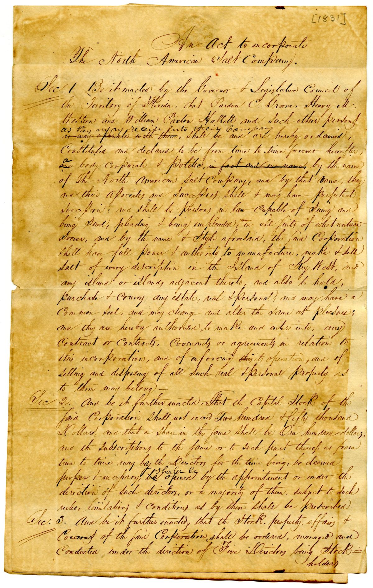 Draft of an Act to Incorporate the North American Salt Company, 1831