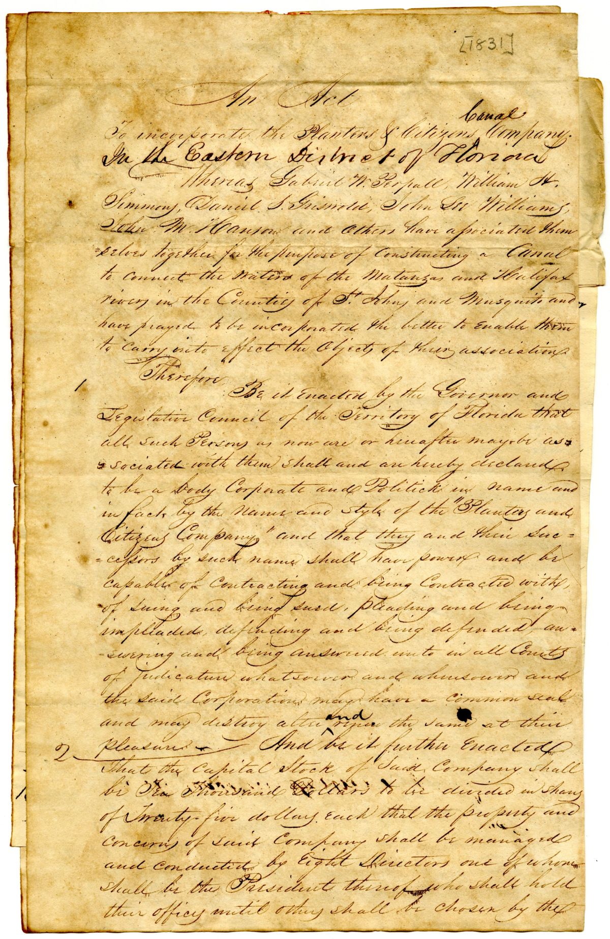 Draft of an Act to Incorporate the Planters and Citizens Canal Company, 1831