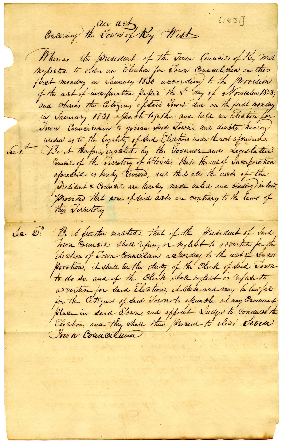 Draft of an Act Concerning the Town of Key West, 1831