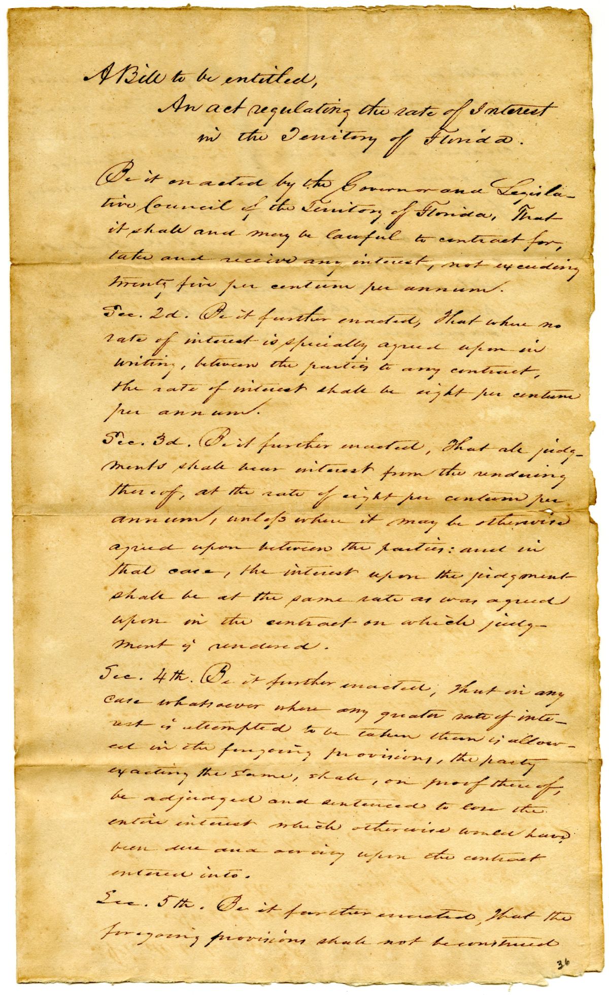 Draft of an Act Regulating the Rate of Interest in the Territory of Florida, 1831