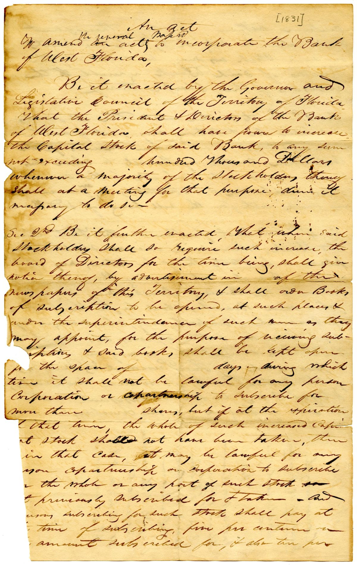 Draft of an Act to Amend the Several Acts to Incorporate the Bank of West Florida, 1831