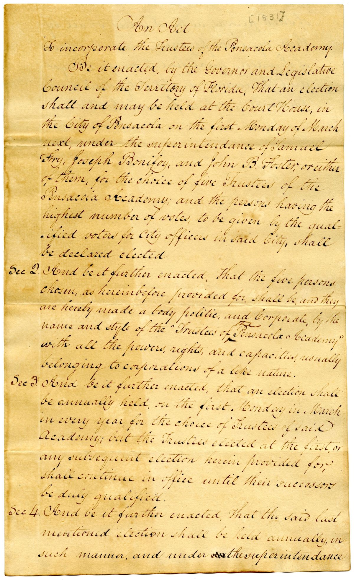 Draft of an Act to Incorporate the Trustees of the Pensacola Academy, 1831