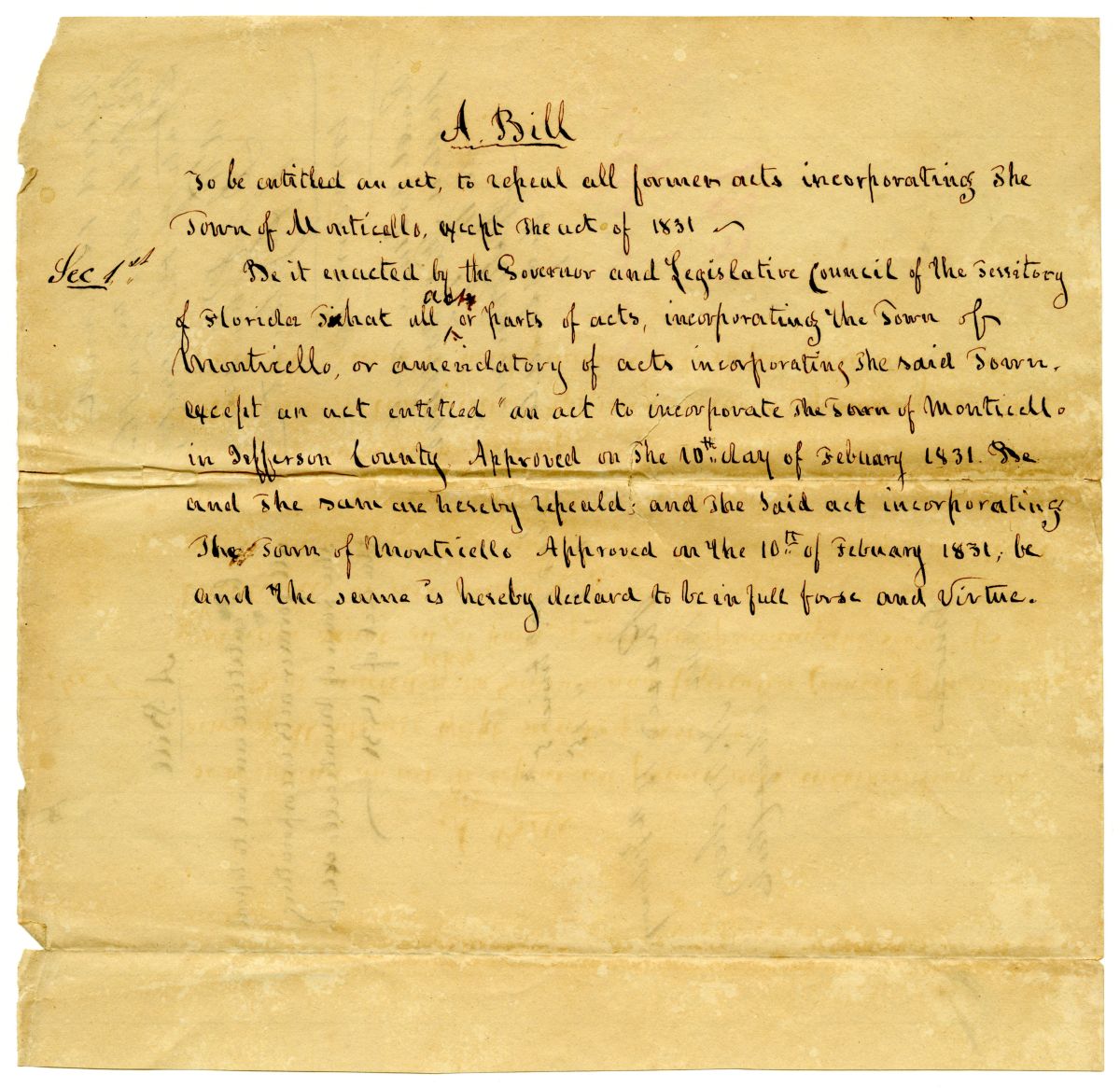 Draft of an Act to Repeal All Former Acts Incorporating the Town of Monticello, 1842