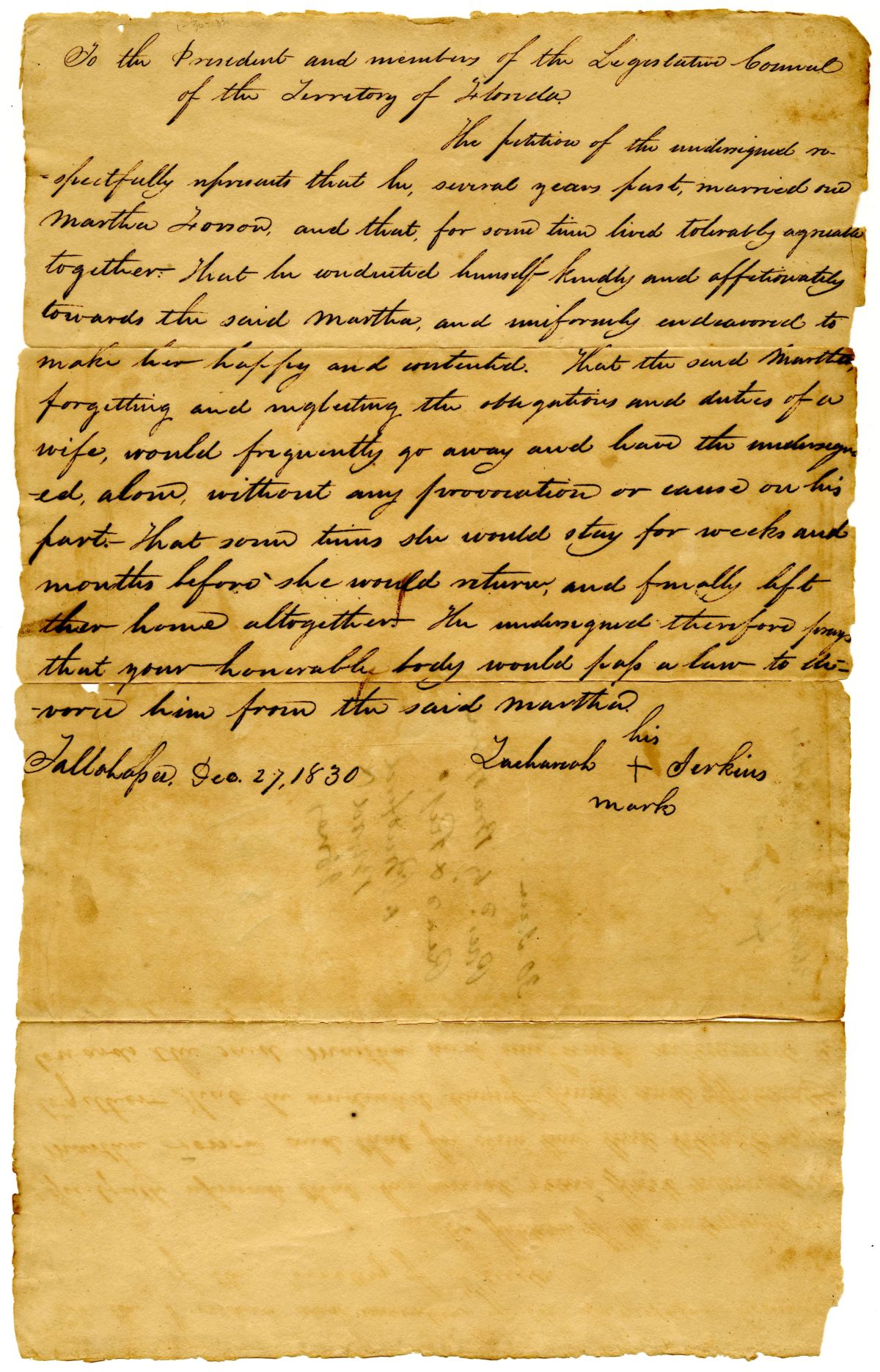 Divorce Petition of Zachariah Jerkins, 1830