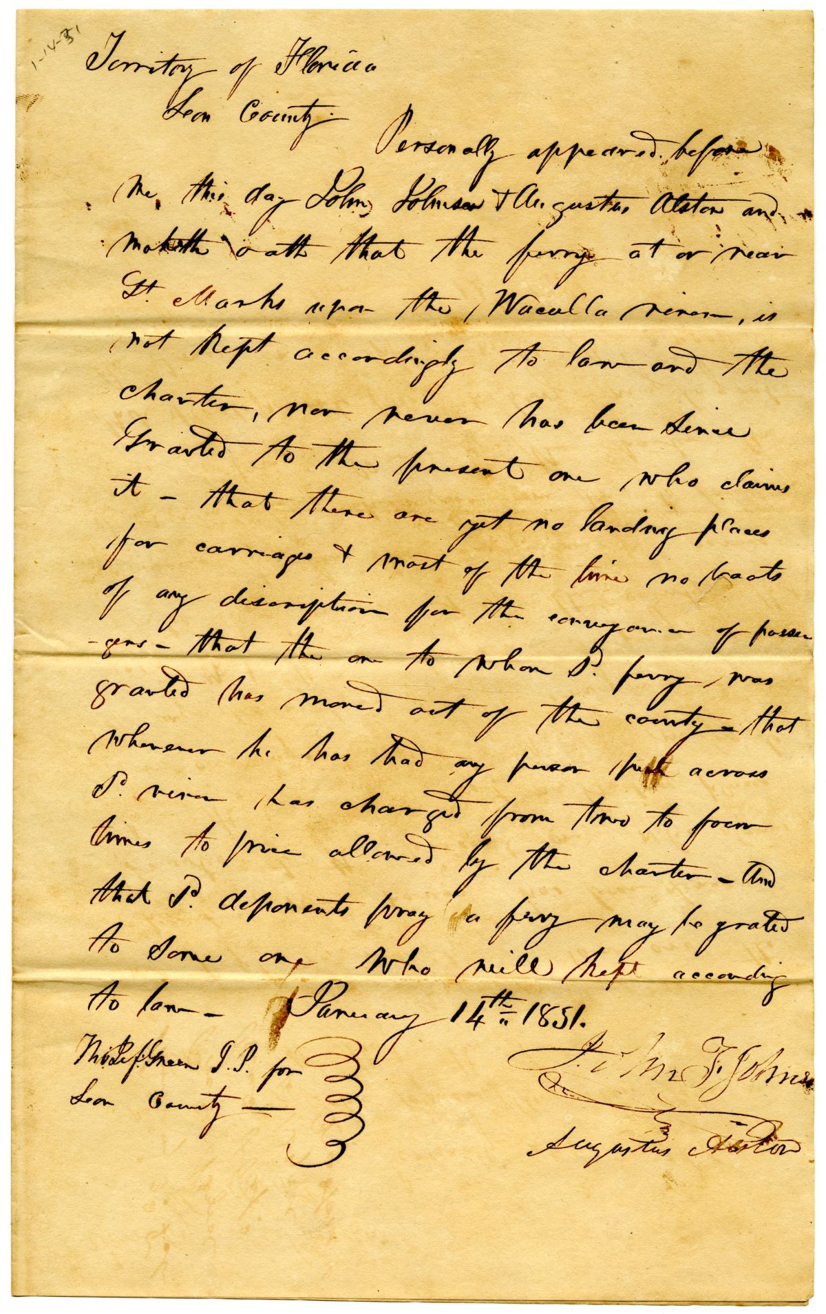 Affidavit of Citizens Claiming that the Person Charged with Keeping a Ferry over the Wakulla River is Neglecting His Duties, 1831