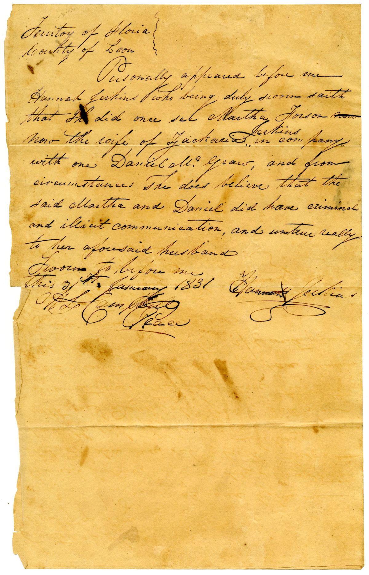 Affidavit of Hannah Jerkins Accusing Martha Forson of an Illicit Affair, 1831