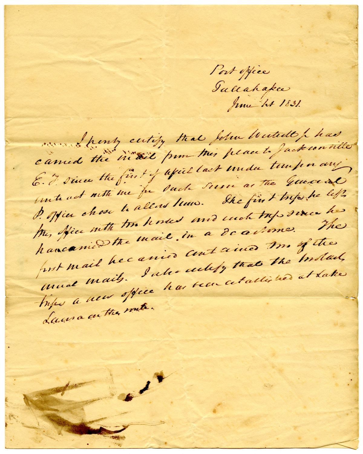 Letter Certifying that John Westcott Carried the Mail from Tallahassee to Jacksonville, 1831