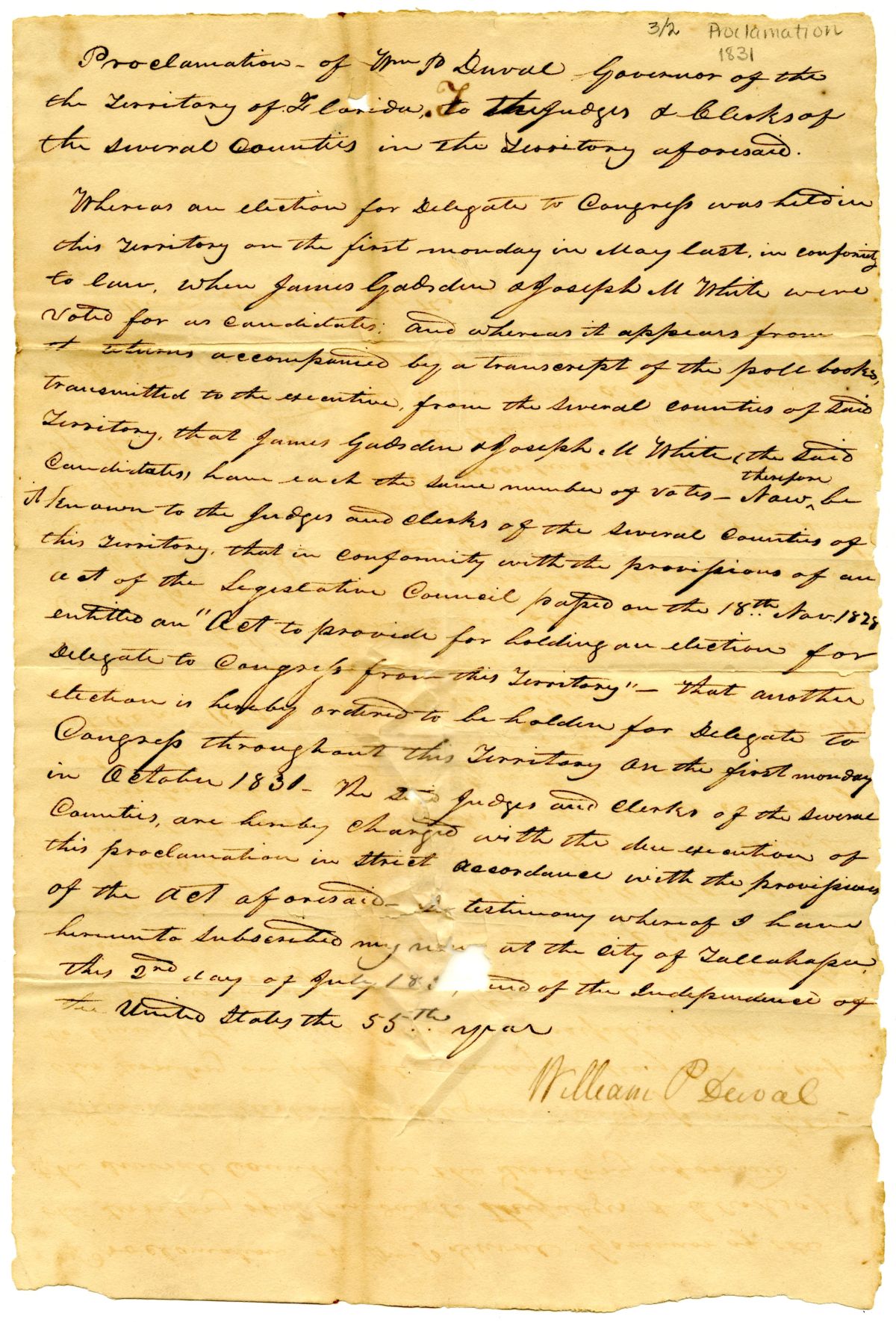 Proclamation of Governor William Pope Duval Ordering Another Election for Florida Delegate in Congress, 1831