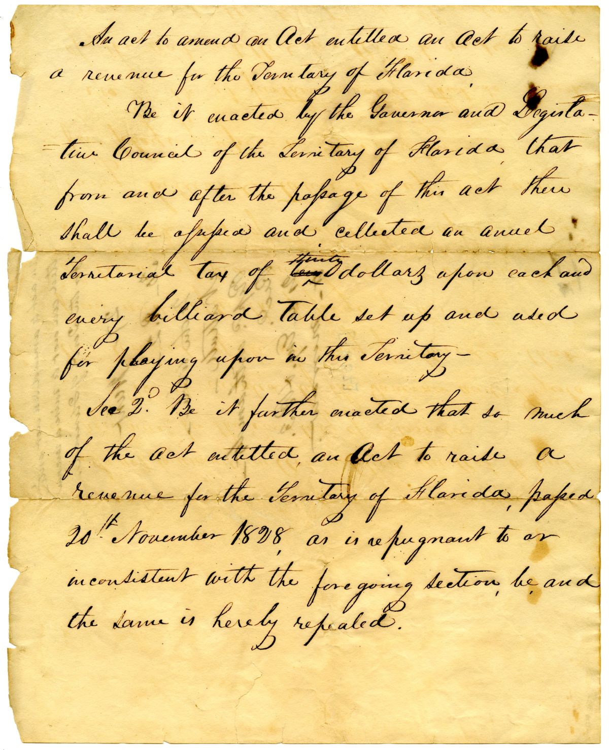 Draft of an Act to Levy a Tax on Billiard Tables in the Territory of Florida, 1832