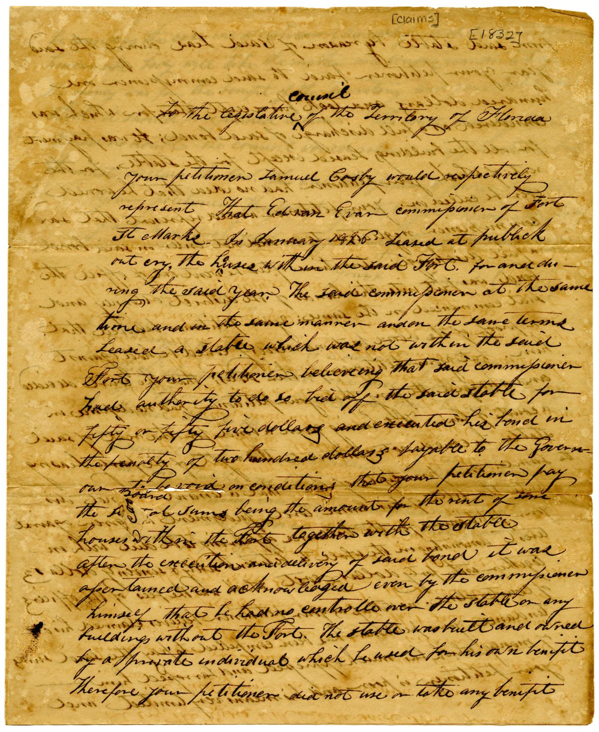 Petition of Samuel Crosby Requesting a Refund for Fees Incurred Due to an Illegal Lease, 1832