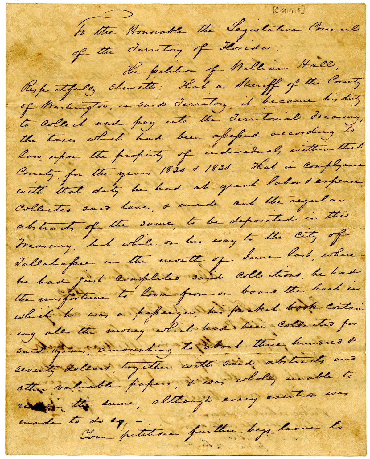 Petition of William Hall Requesting Relief for Losing Tax Money He Collected, 1832