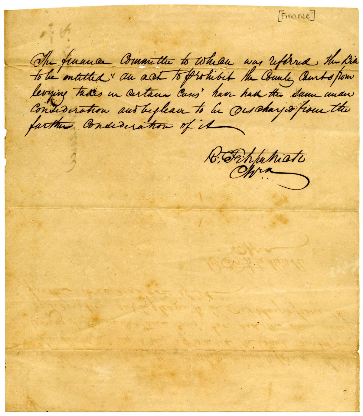 Message from the Finance Committee Regarding a Bill About County Courts, circa 1832