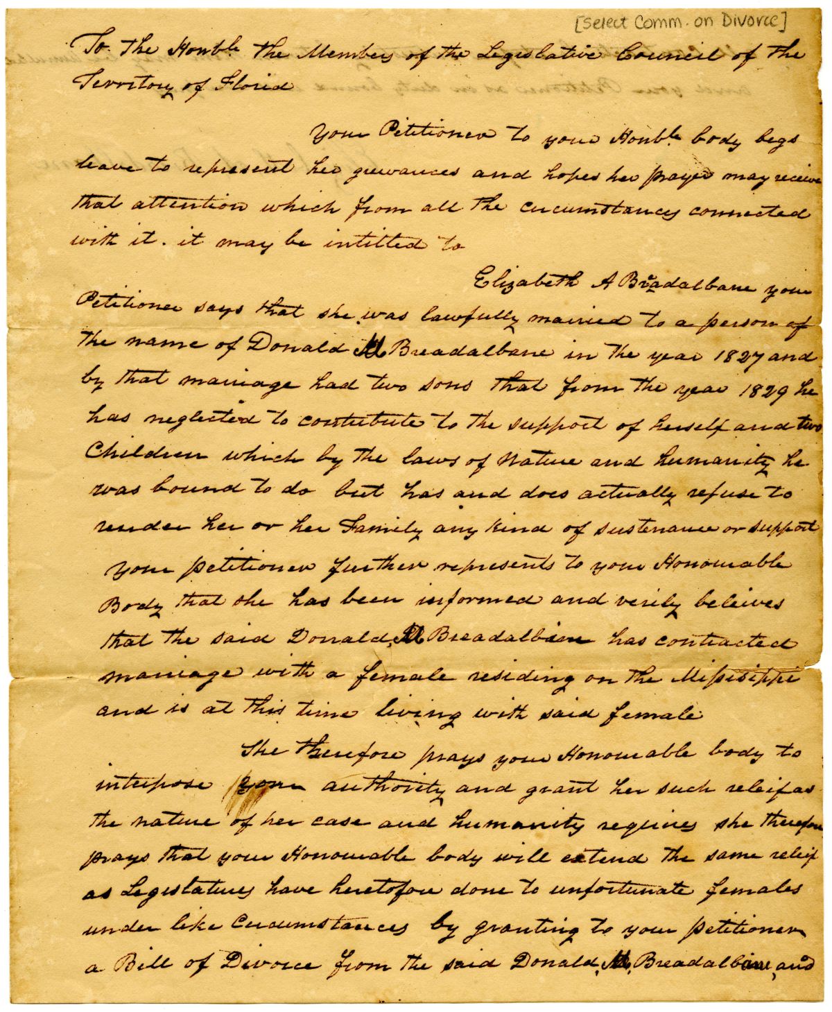 Divorce Petition of Elizabeth A. Breadalbane, 1832