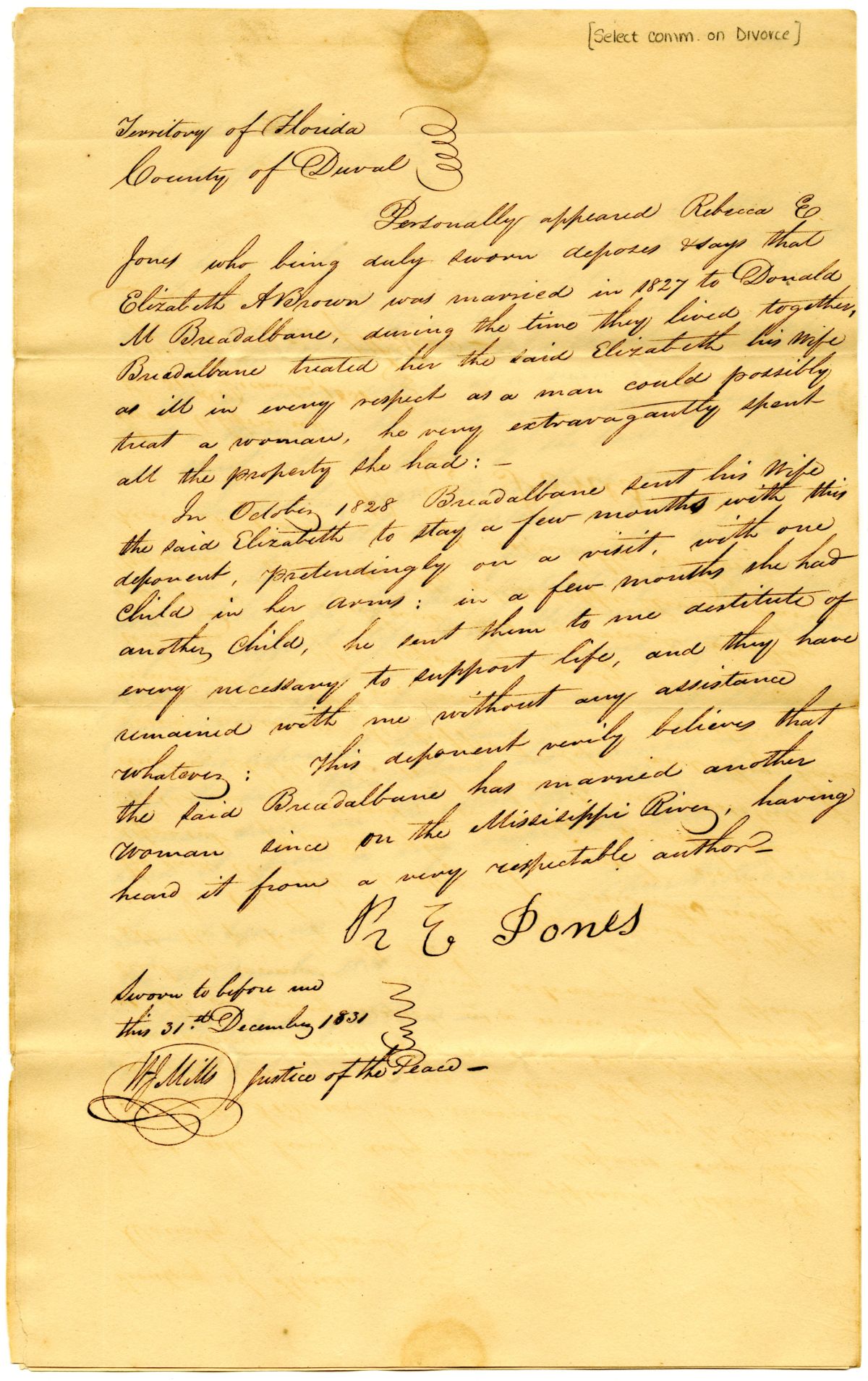 Three Affidavits in Support of the Divorce Petition of Elizabeth A. Breadalbane, 1831