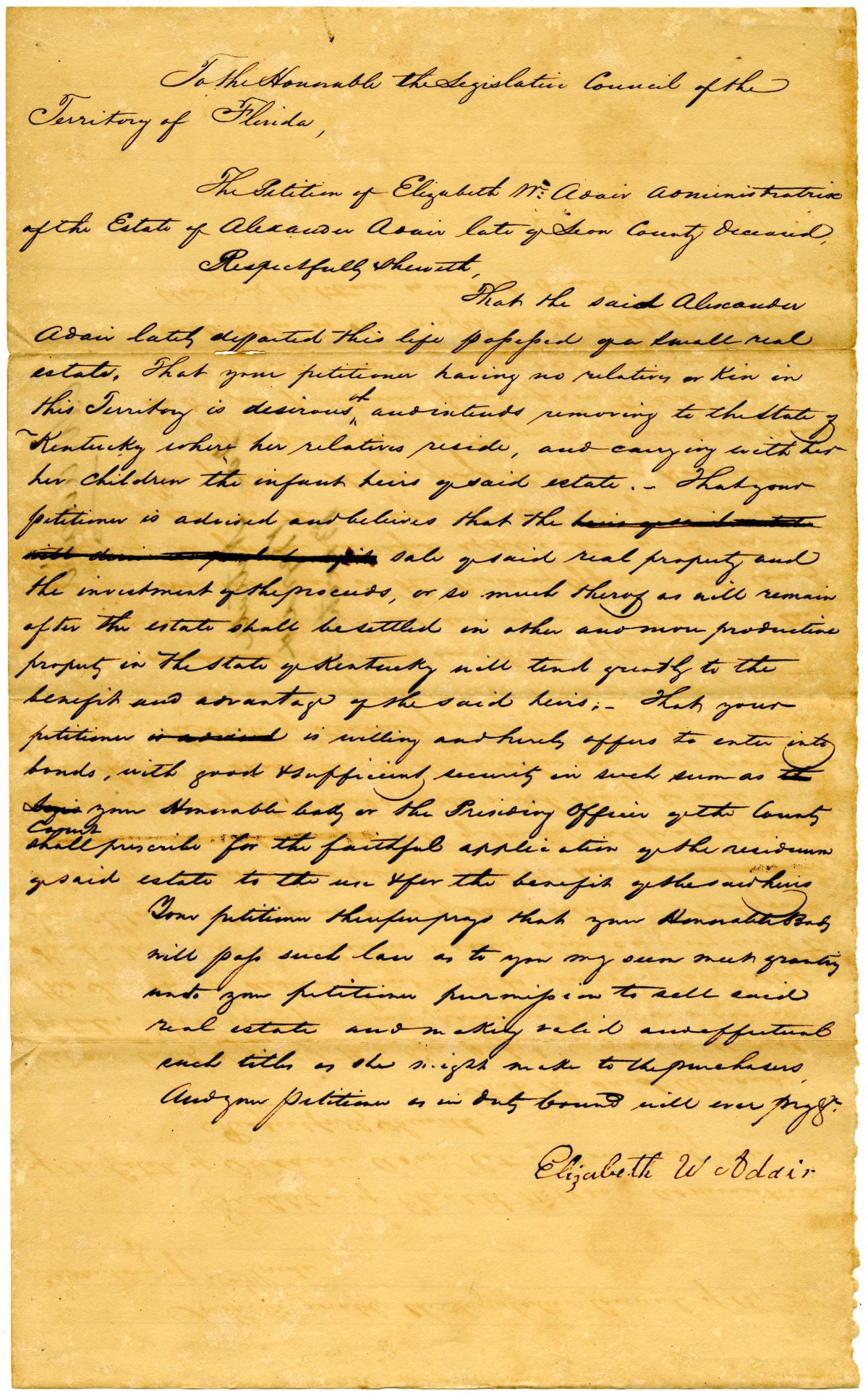 Petition of Elizabeth W. Adair Requesting Permission to Sell the Estate of Alexander Adair, 1832