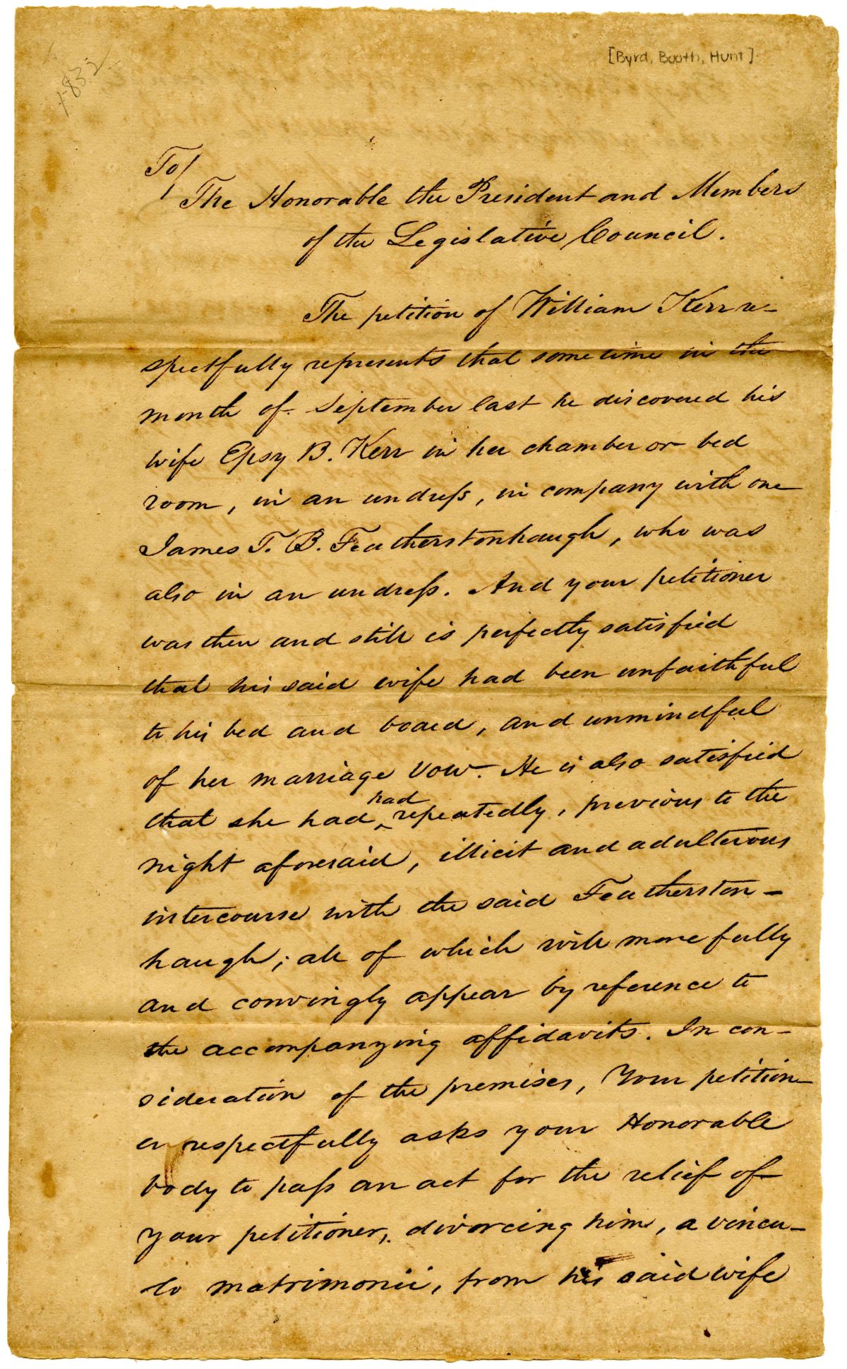 Divorce Petition of William Kerr with Supporting Affidavits, 1832