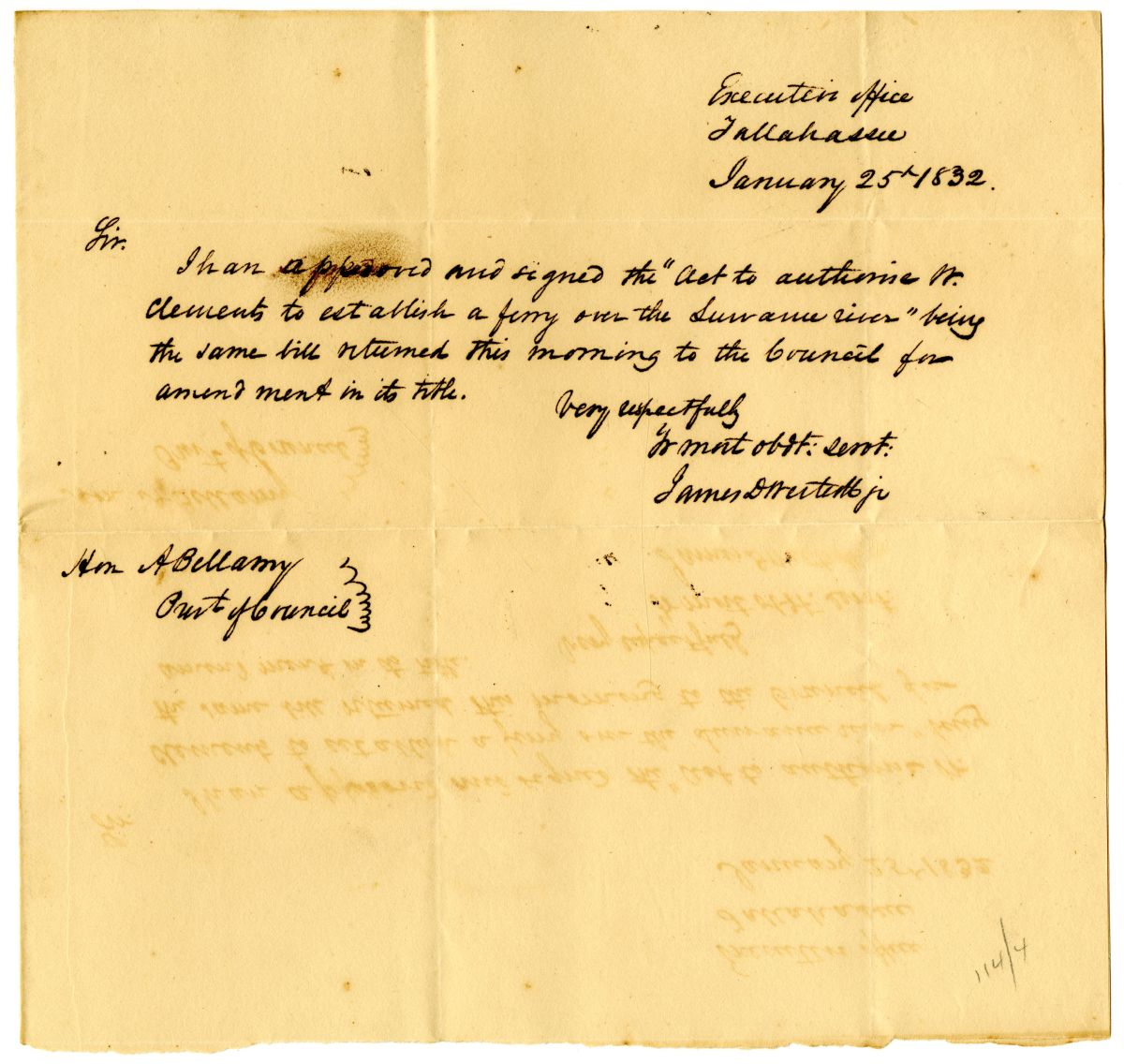 Letter from Acting Governor James D. Westcott Approving a Bill to Establish a Ferry on the Suwannee River, 1832