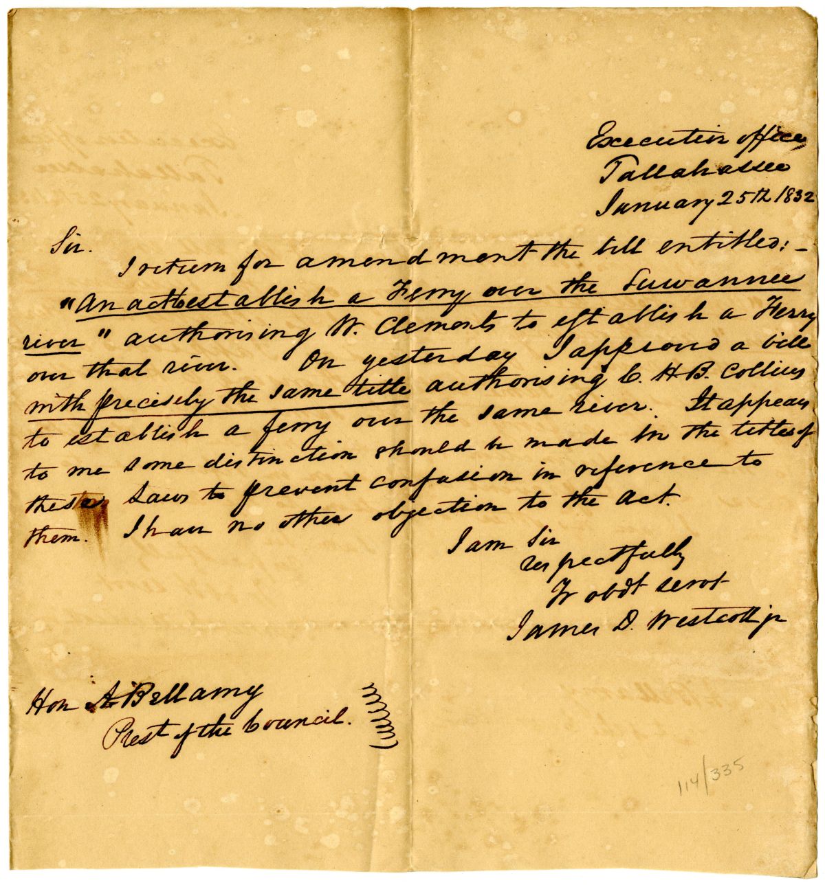 Letter from Acting Governor James D. Westcott Returning a Bill for Amendment, 1832