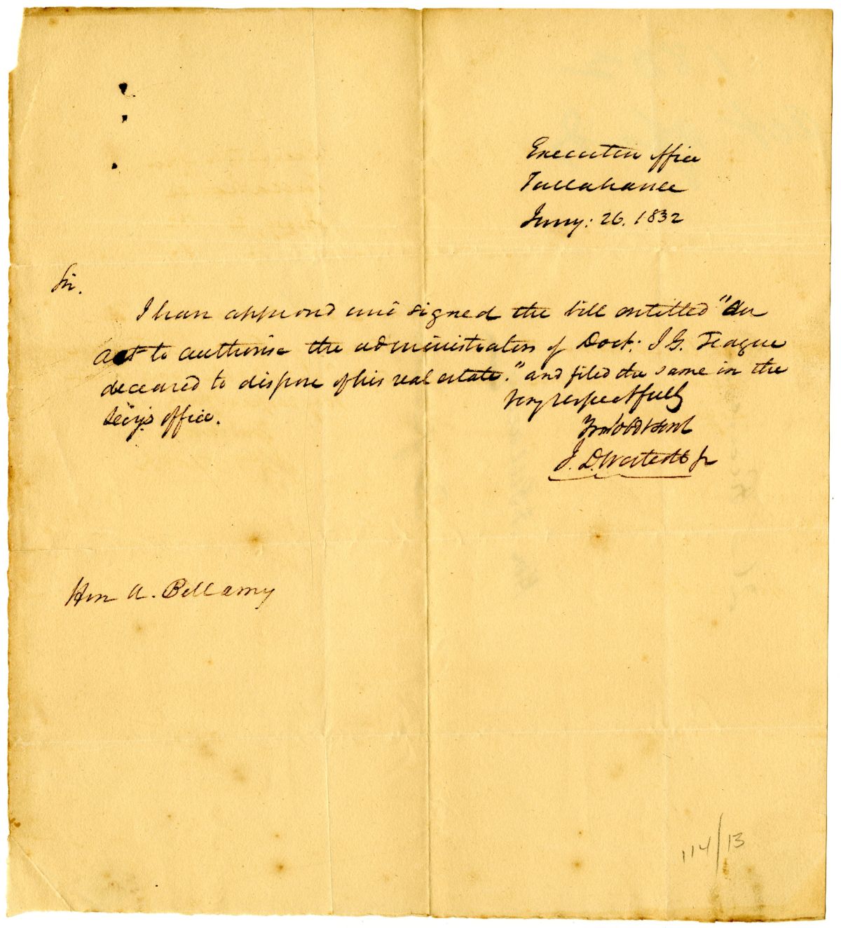 Letter from Acting Governor James D. Westcott Approving a Bill to Allow the Sale of an Estate, 1832