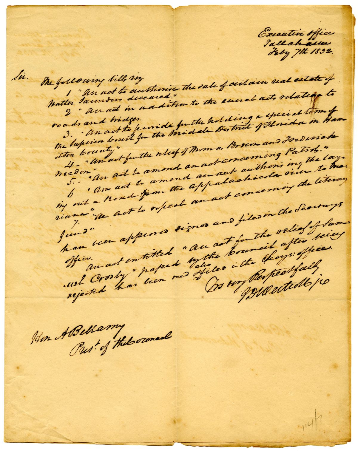 Letter from Acting Governor James D. Westcott to the President of the Territorial Legislative Council Signing Eight Bills, 1832