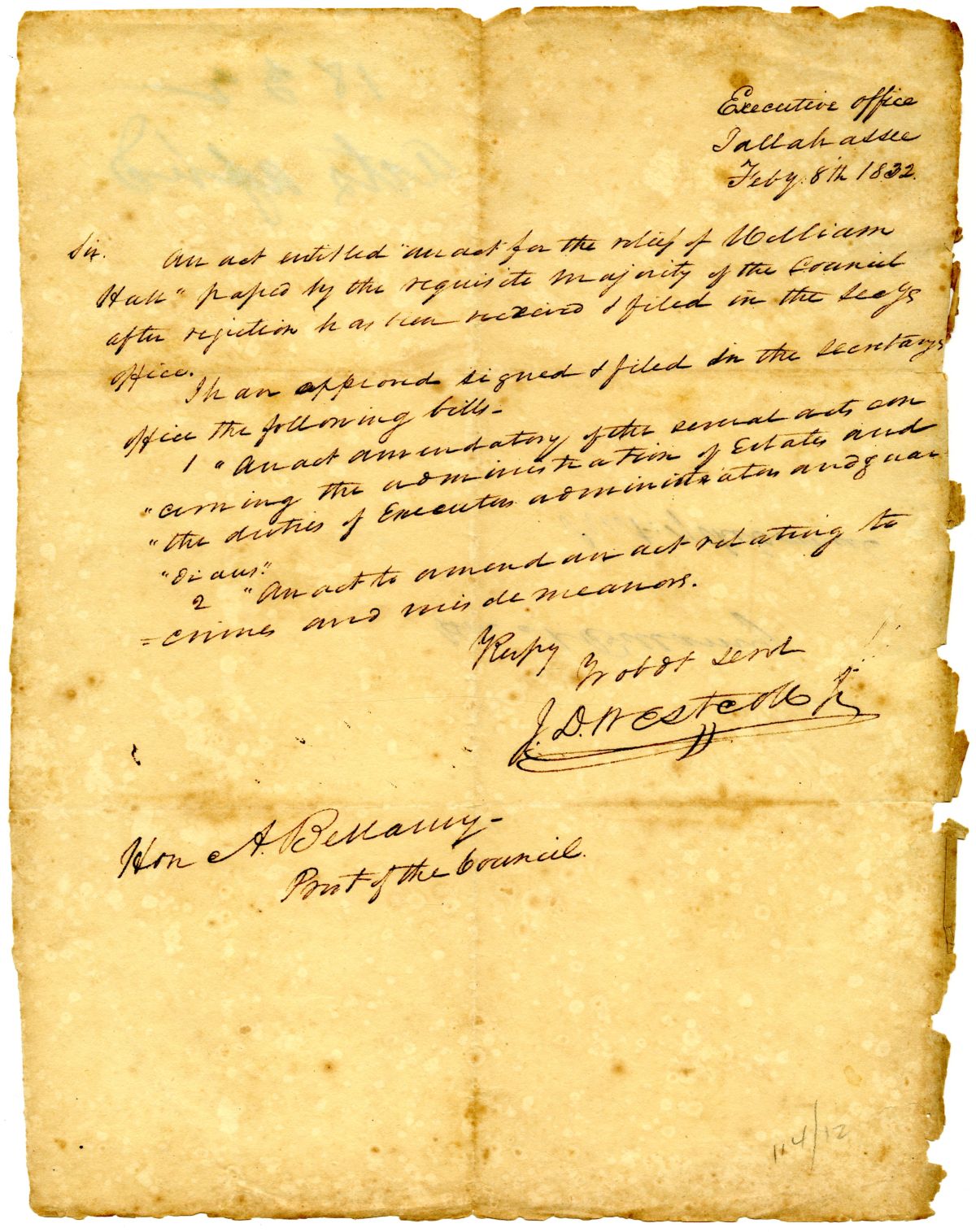 Letter from Acting Governor James D. Westcott to the President of the Territorial Legislative Council Signing Three Bills, 1832