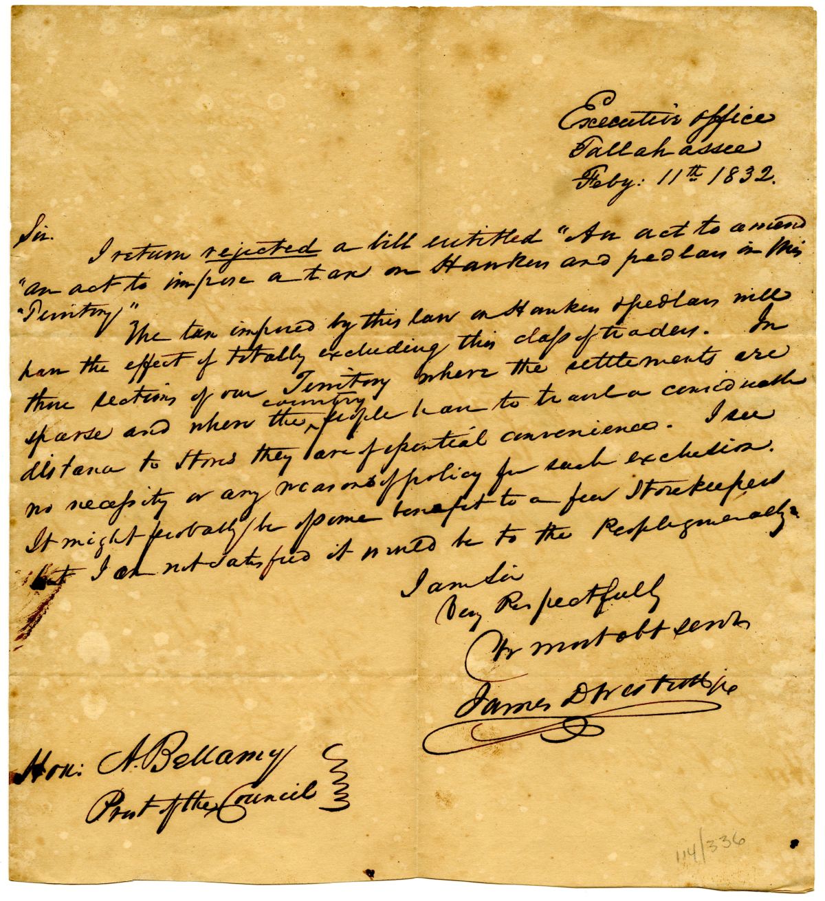 Letter from Acting Governor James D. Westcott Rejecting an Act to Tax Hawkers and Pedlars, 1832