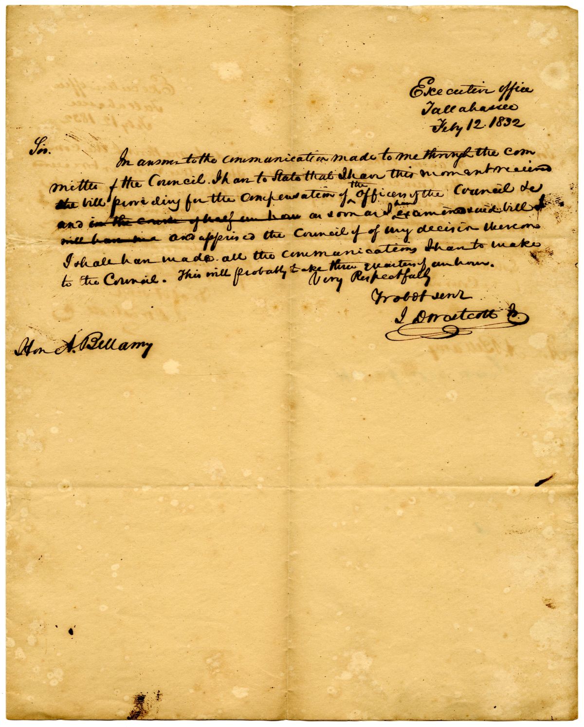 Letter from Acting Governor James D. Westcott Concerning the Pay of Officers of the Council, 1832