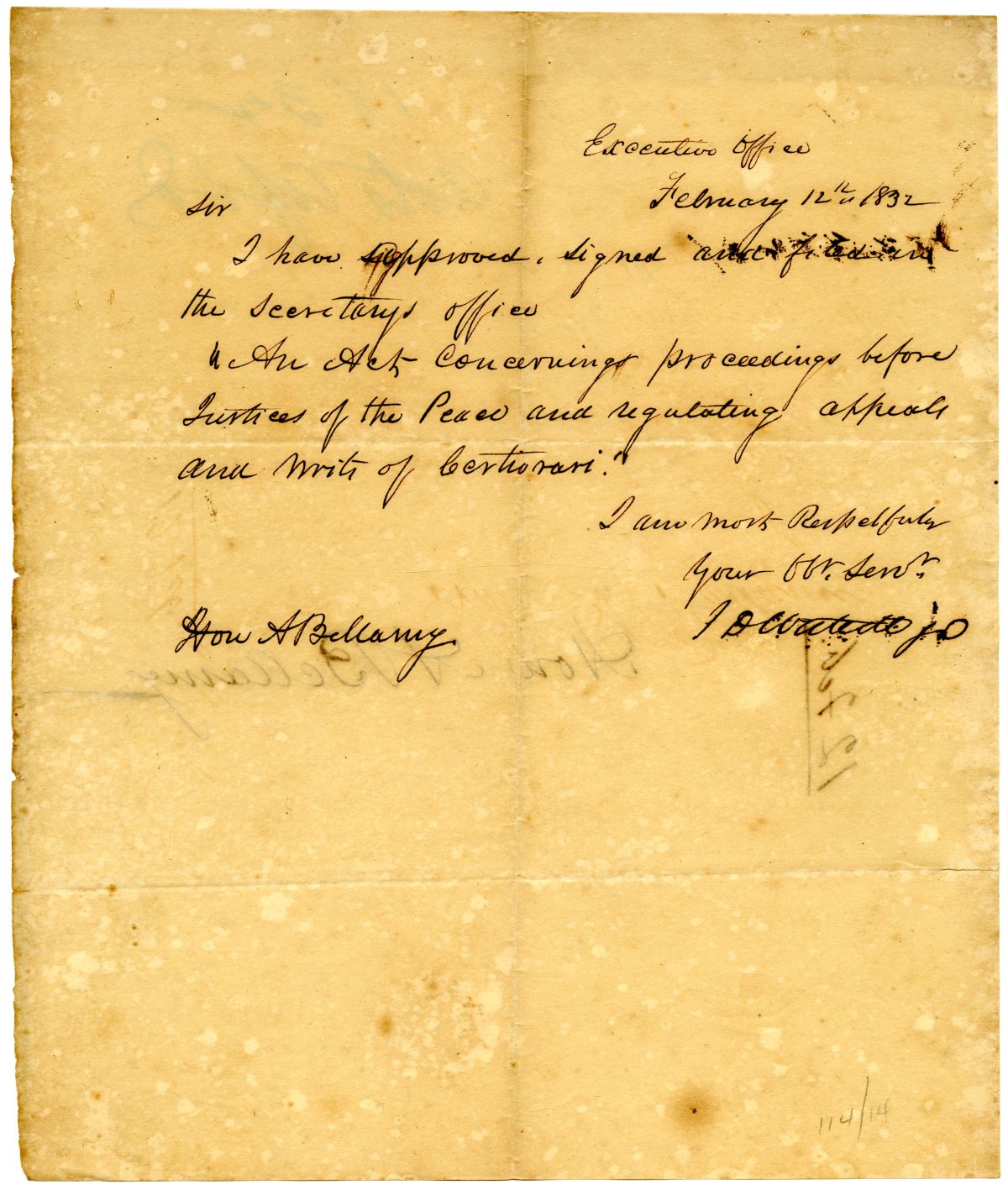 Letter from Acting Governor James D. Westcott Approving an Act Concerning Justice of the Peace, 1832