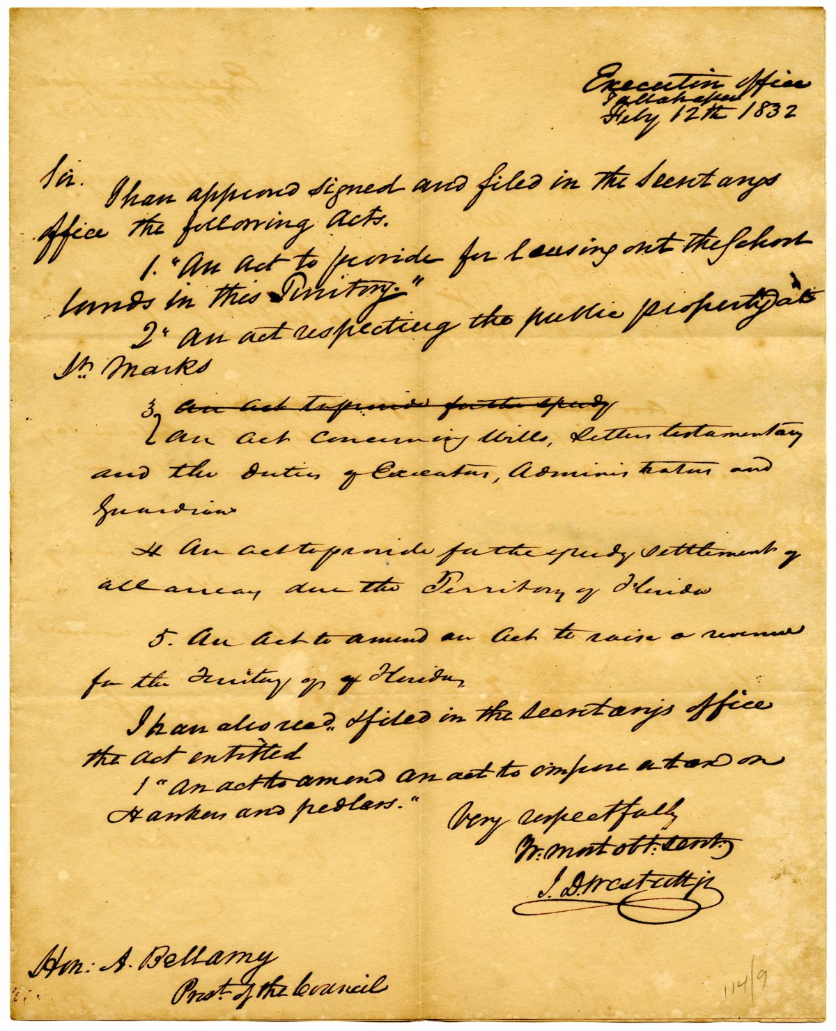 Letter from Acting Governor James D. Westcott to the President of the Territorial Legislative Council Filing Six Acts, 1832