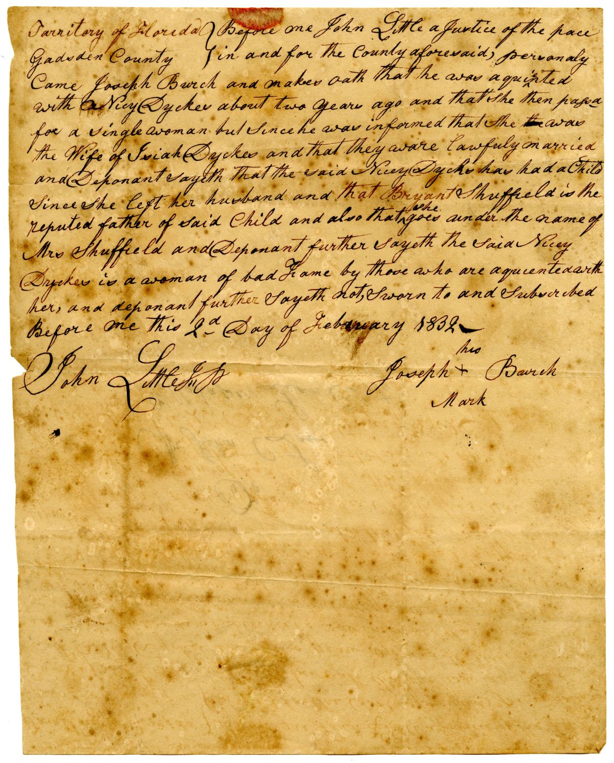 Affidavit of Joseph Burch Attesting to the Infidelity of Nicy Dykes, 1832