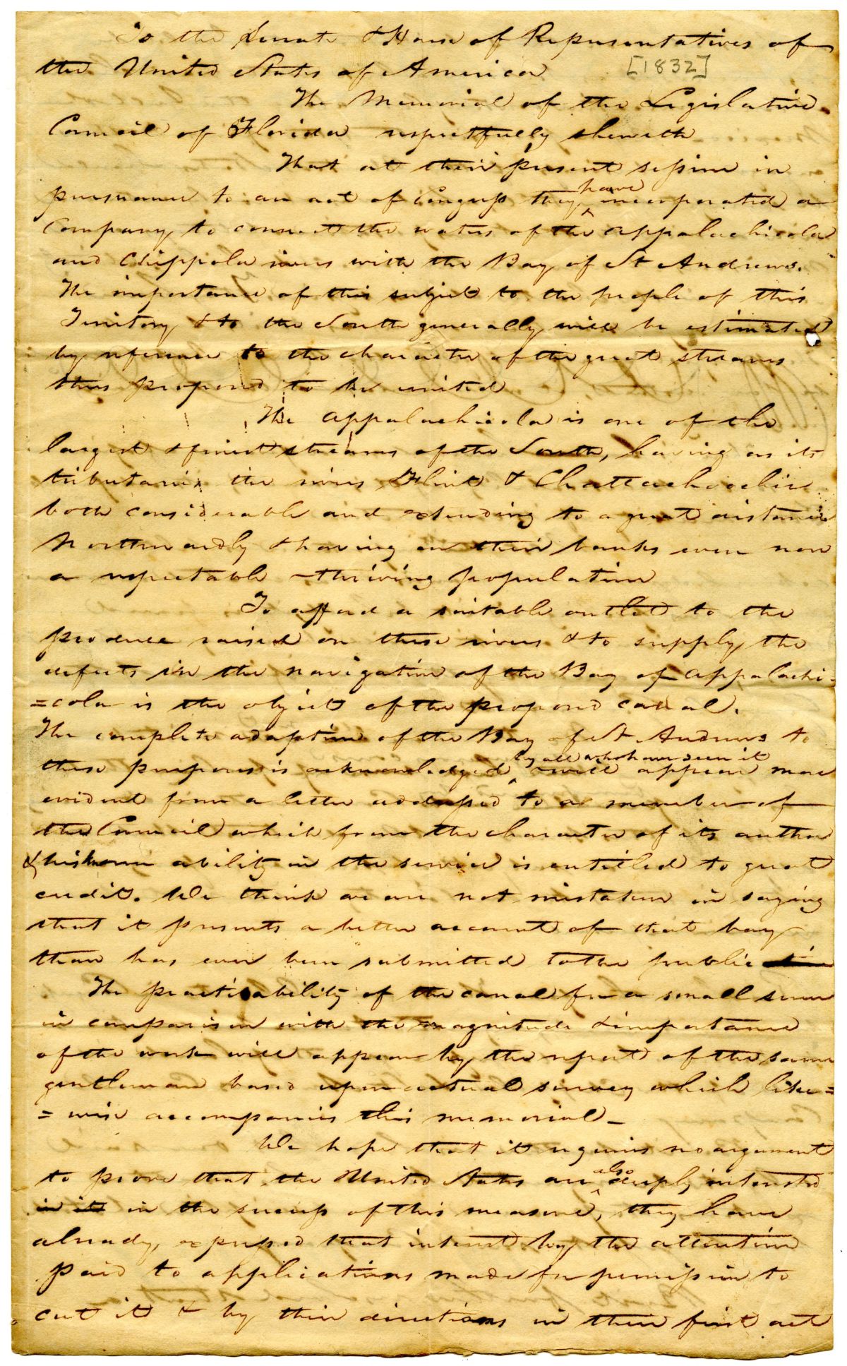 Memorial of the Florida Legislative Council to Congress Requesting a Land Grant for a Canal Company, circa 1831