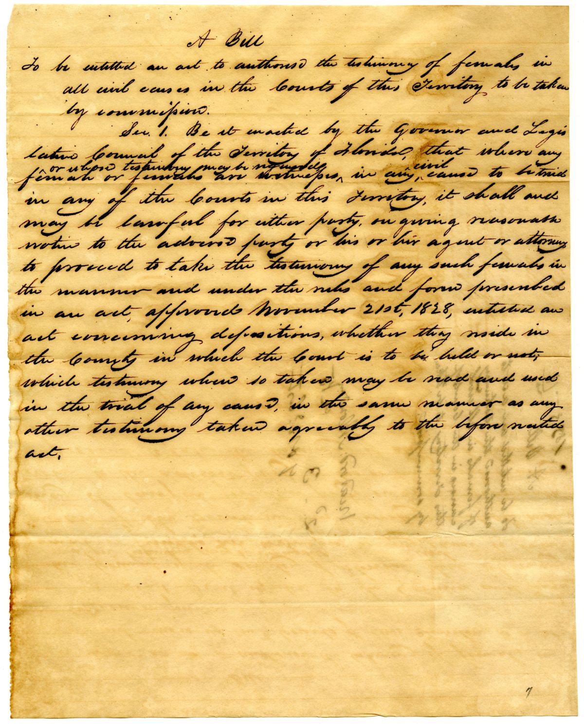 Draft of an Act to Authorize the Testimony of Females in Civil Cases to Be Taken by Commission, 1833