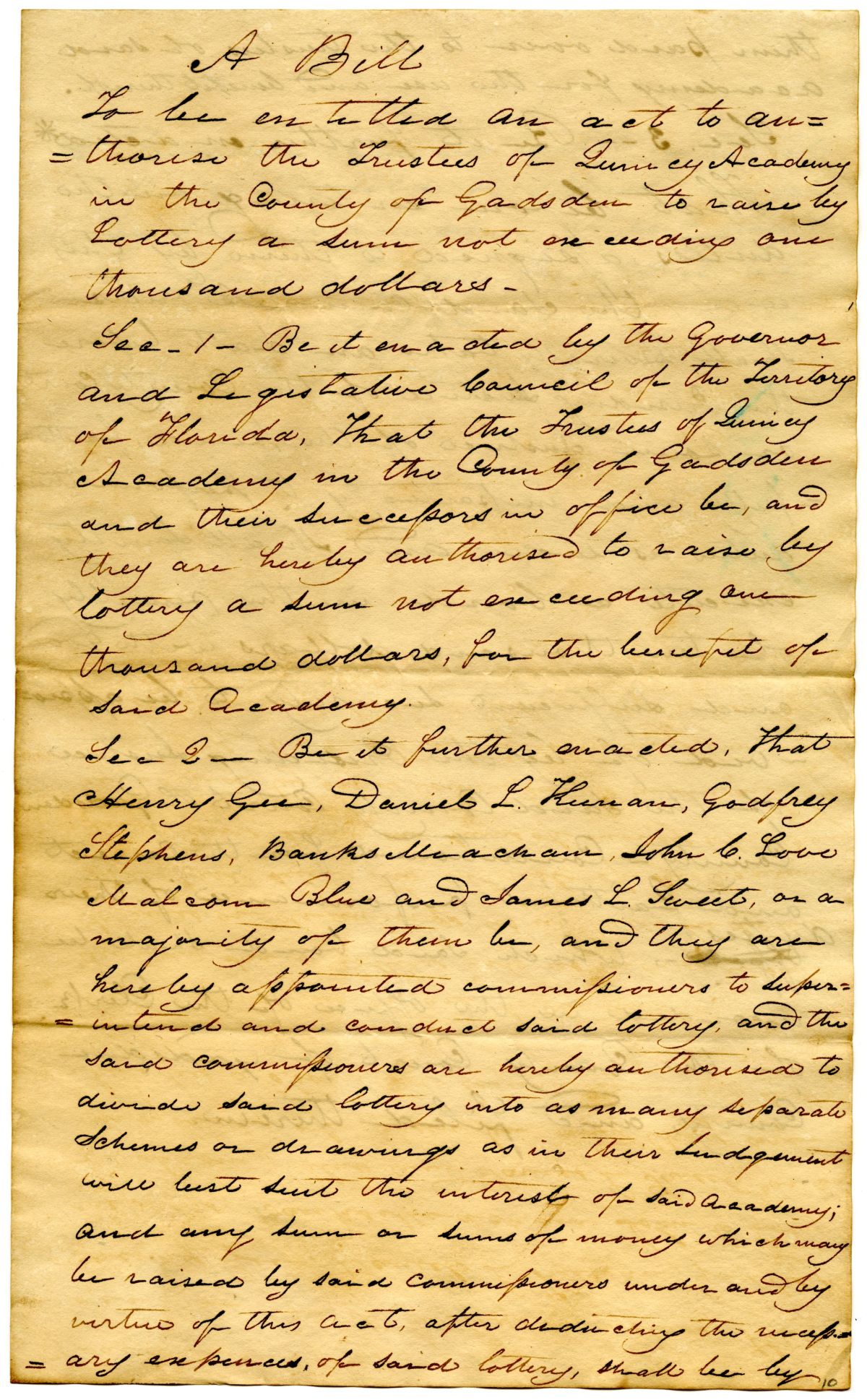 Draft of an Act to Allow the Trustees of the Quincy Academy to Raise Money by Lottery, 1833