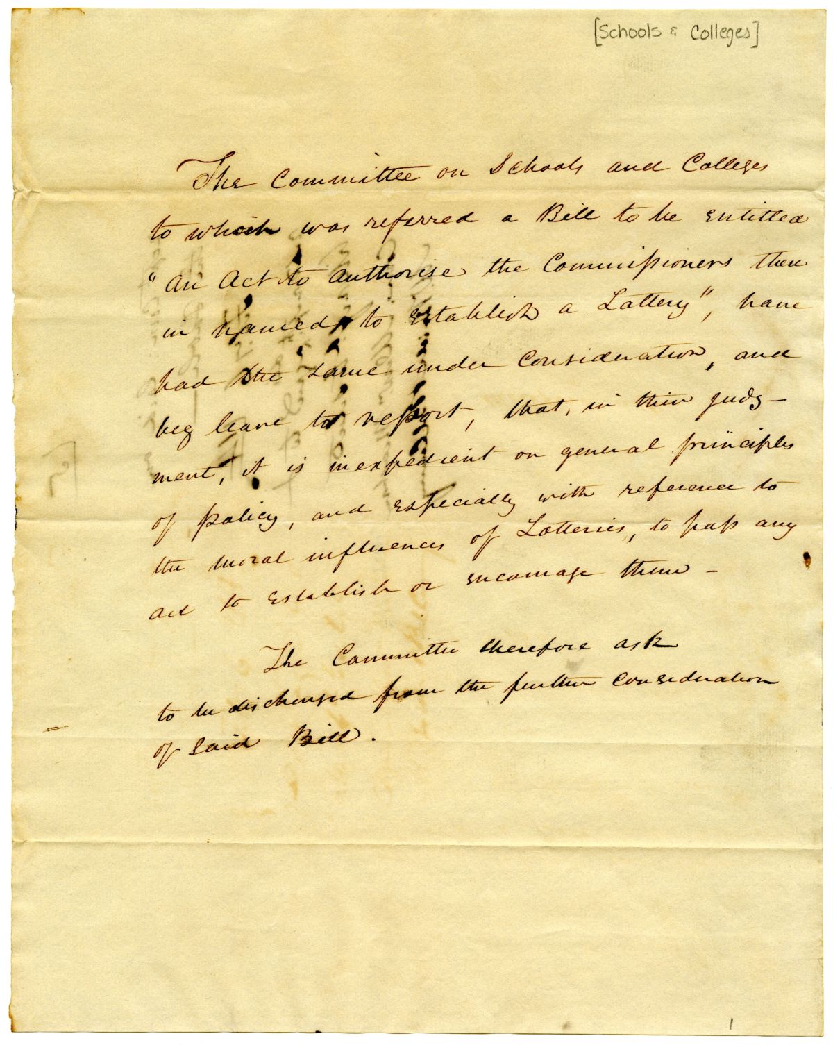 Report of the Committee on Schools and Colleges Concerning a Lottery Bill, circa 1833