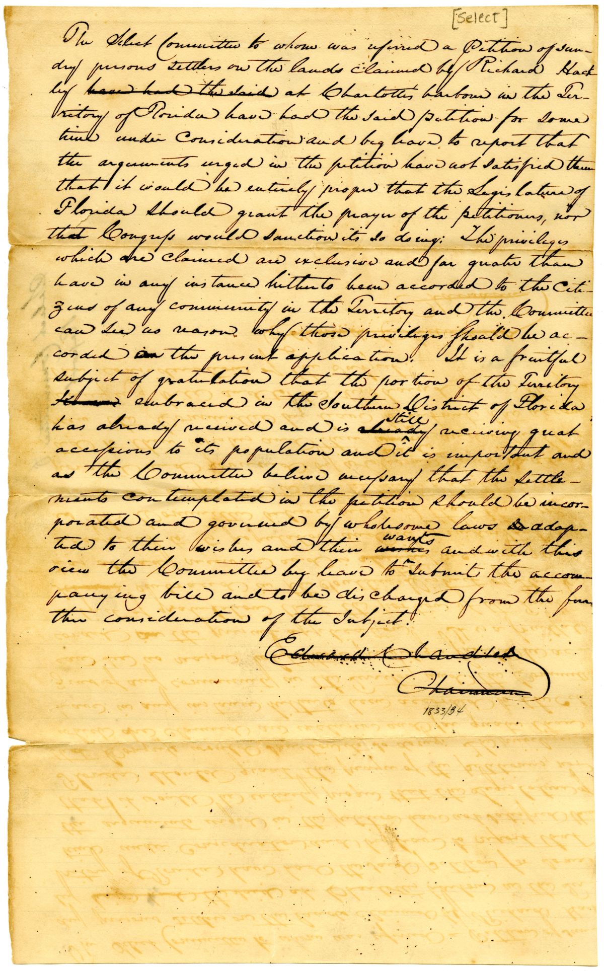 Report of the Select Committee Considering the Petition of Settlers at Charlotte Harbor, 1833