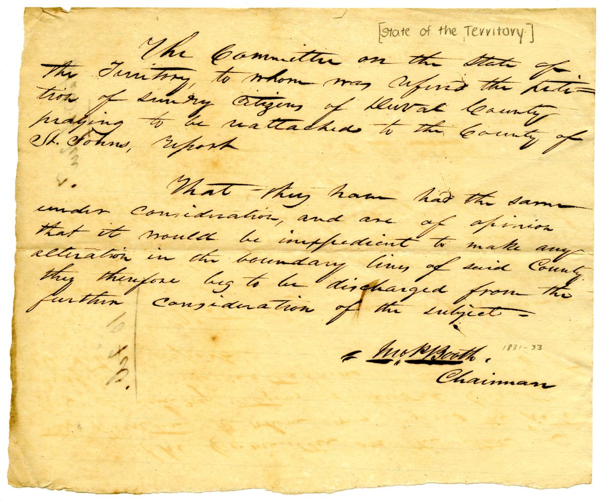 Report of the Committee on the State of the Territory Regarding a Petition of Citizens of Duval County, circa 1833